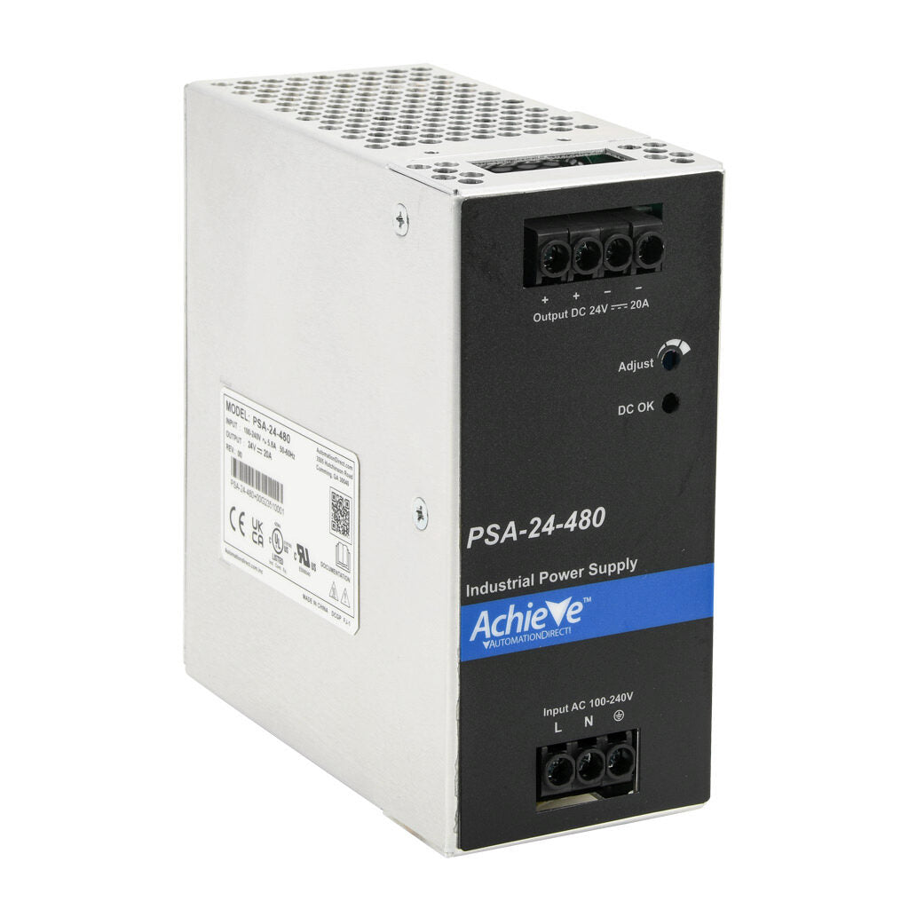 AchieVe PSA series switching power supply, 24 VDC @ 20A/480W, 120/240 VAC nominal input, 1-phase, enclosed, aluminum housing, 35mm DIN rail mount, screw terminals.-PSA-24-480