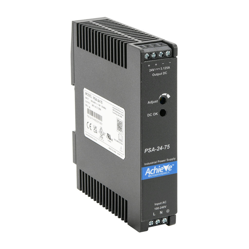 AchieVe PSA series switching power supply, 24 VDC @ 3.125A/75W, 120/240 VAC nominal input, 1-phase, enclosed, plastic housing, 35mm DIN rail mount, screw terminals.-PSA-24-75