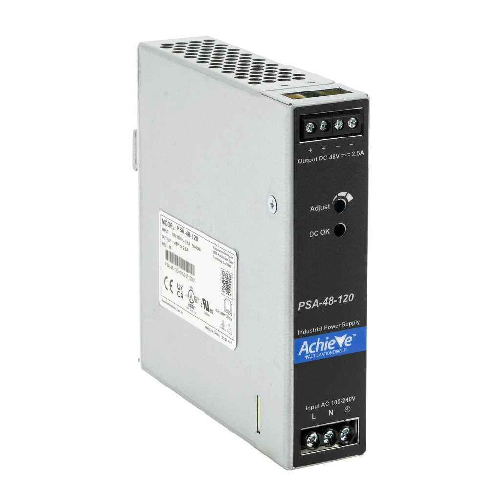 AchieVe PSA series switching power supply, 48 VDC @ 2.5A/120W, 120/240 VAC nominal input, 1-phase, enclosed, aluminum housing, 35mm DIN rail mount, screw terminals.-PSA-48-120