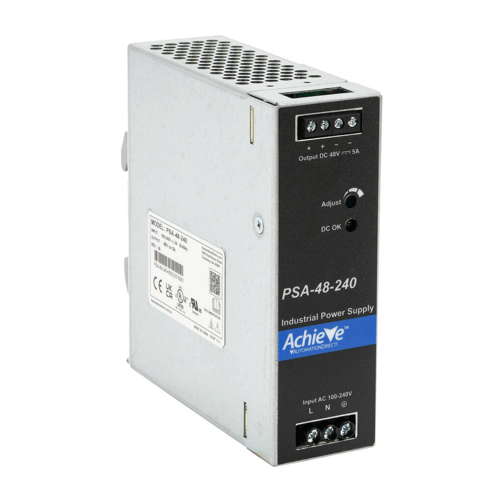 AchieVe PSA series switching power supply, 48 VDC @ 5A/240W, 120/240 VAC nominal input, 1-phase, enclosed, aluminum housing, 35mm DIN rail mount, screw terminals.-PSA-48-240