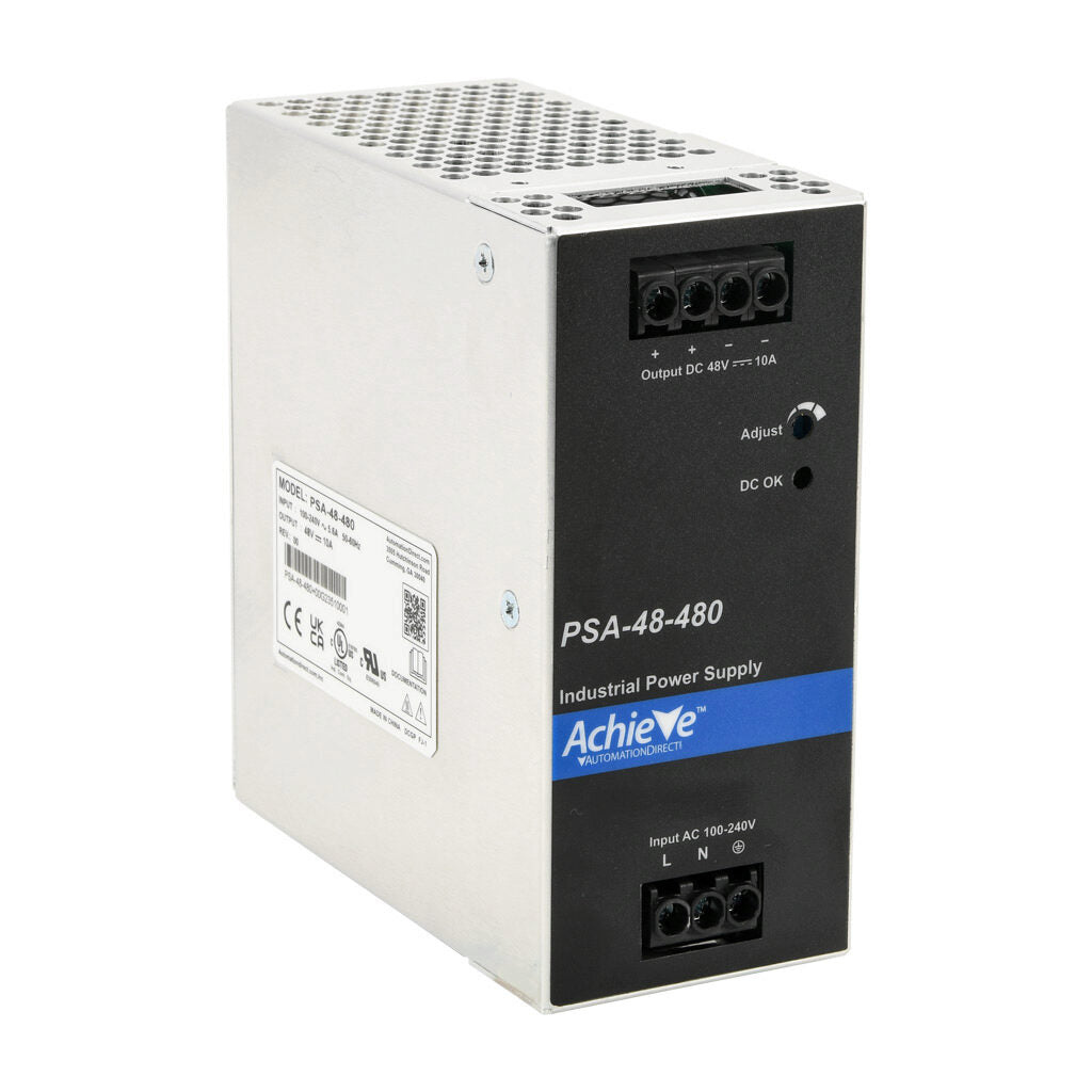 AchieVe PSA series switching power supply, 48 VDC @ 10A/480W, 120/240 VAC nominal input, 1-phase, enclosed, aluminum housing, 35mm DIN rail mount, screw terminals.-PSA-48-480