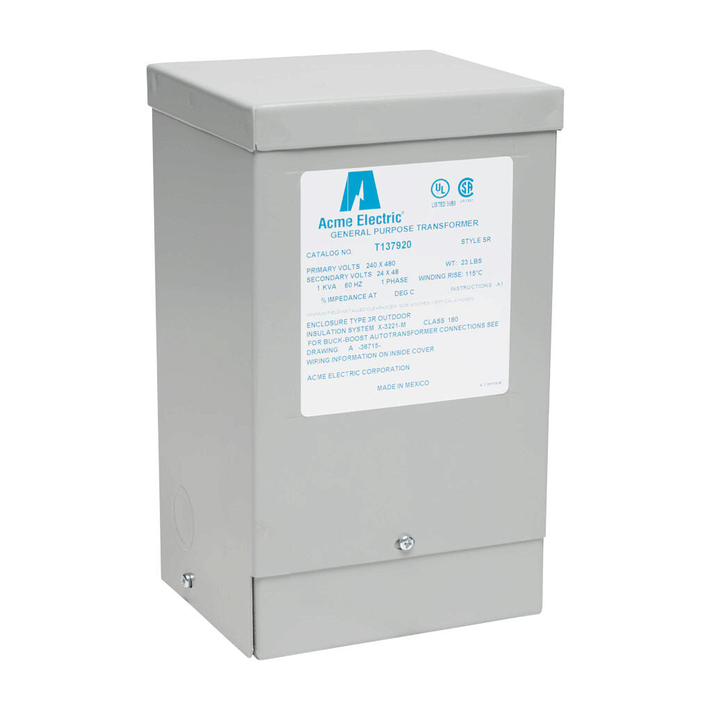 ACME buck-boost transformer, encapsulated core, 1 kVA, 1-phase, 240/480 VAC, 24/48 VAC secondary, 60 Hz, NEMA 3R, wall mount.-T137920