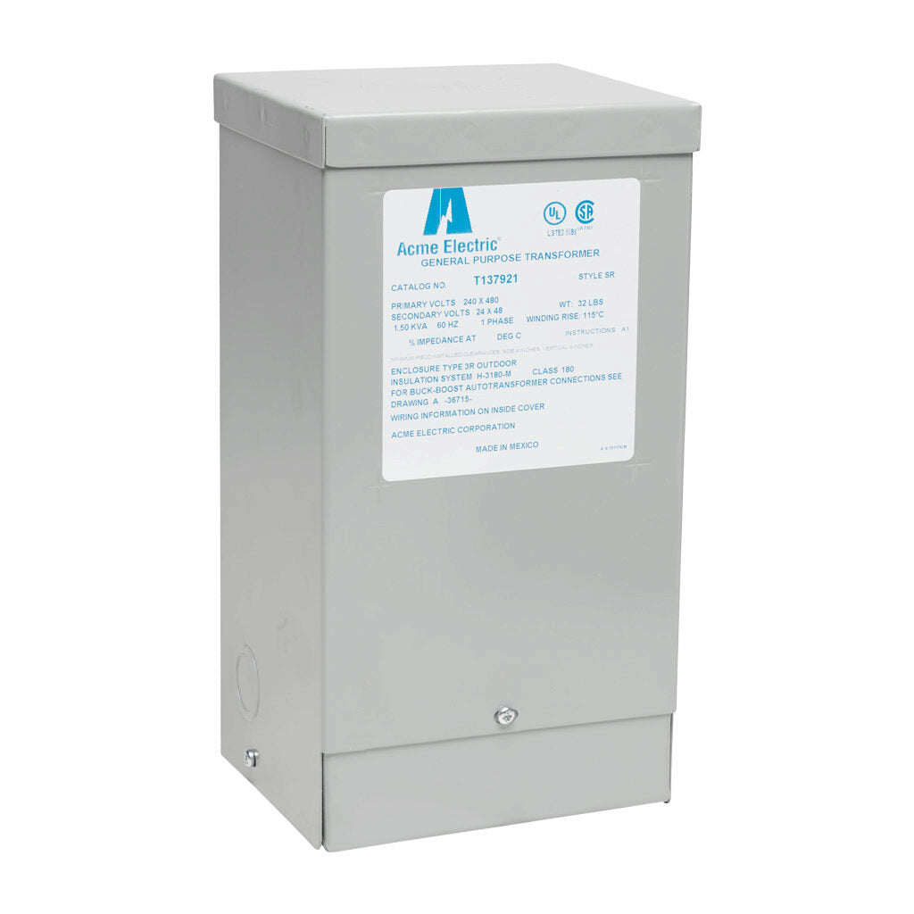 ACME buck-boost transformer, encapsulated core, 1.5 kVA, 1-phase, 240/480 VAC, 24/48 VAC secondary, 60 Hz, NEMA 3R, wall mount.-T137921