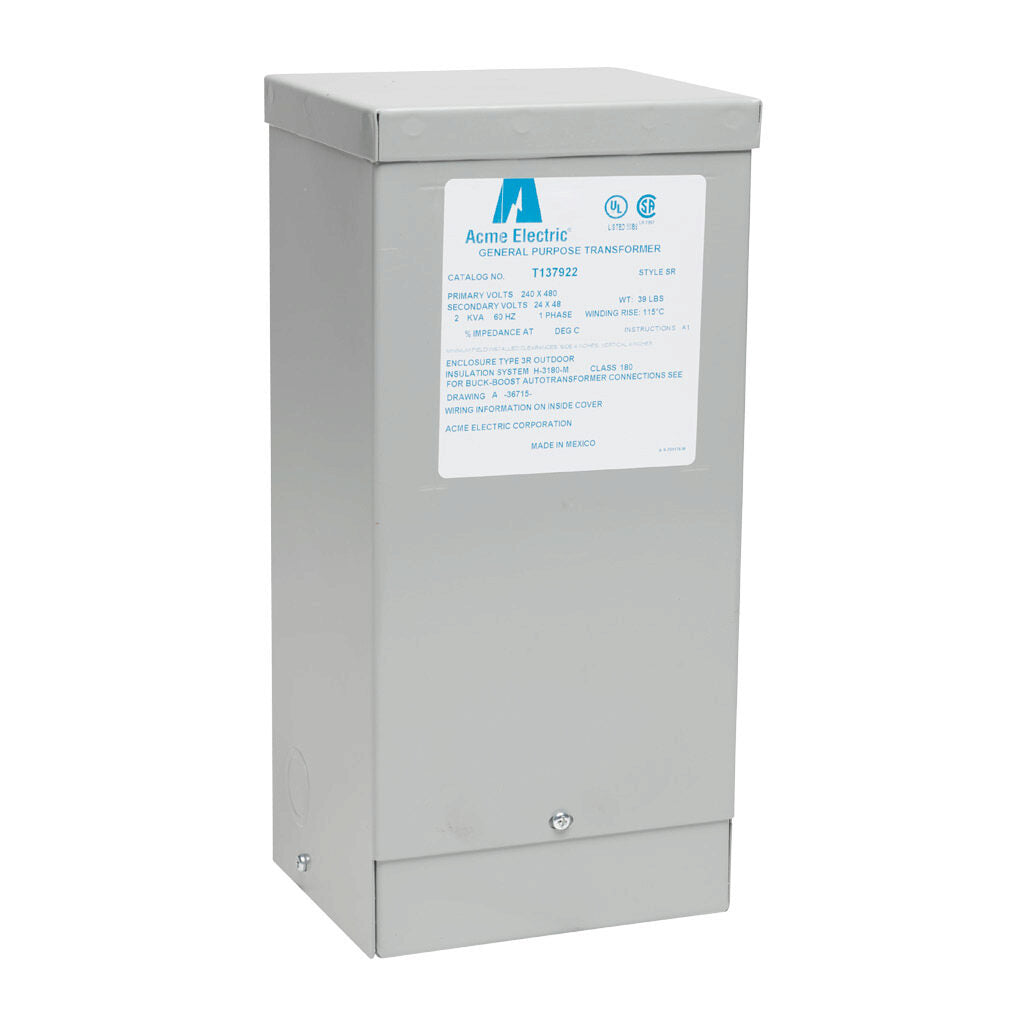 ACME buck-boost transformer, encapsulated core, 2 kVA, 1-phase, 240/480 VAC, 24/48 VAC secondary, 60 Hz, NEMA 3R, wall mount.-T137922