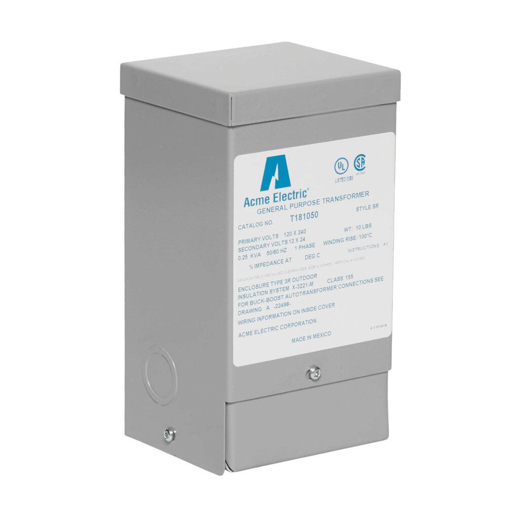 ACME buck-boost transformer, encapsulated core, 250 VA, 1-phase, 120/240 VAC, 12/24 VAC secondary, 50/60 Hz, NEMA 3R, wall mount.-T181050