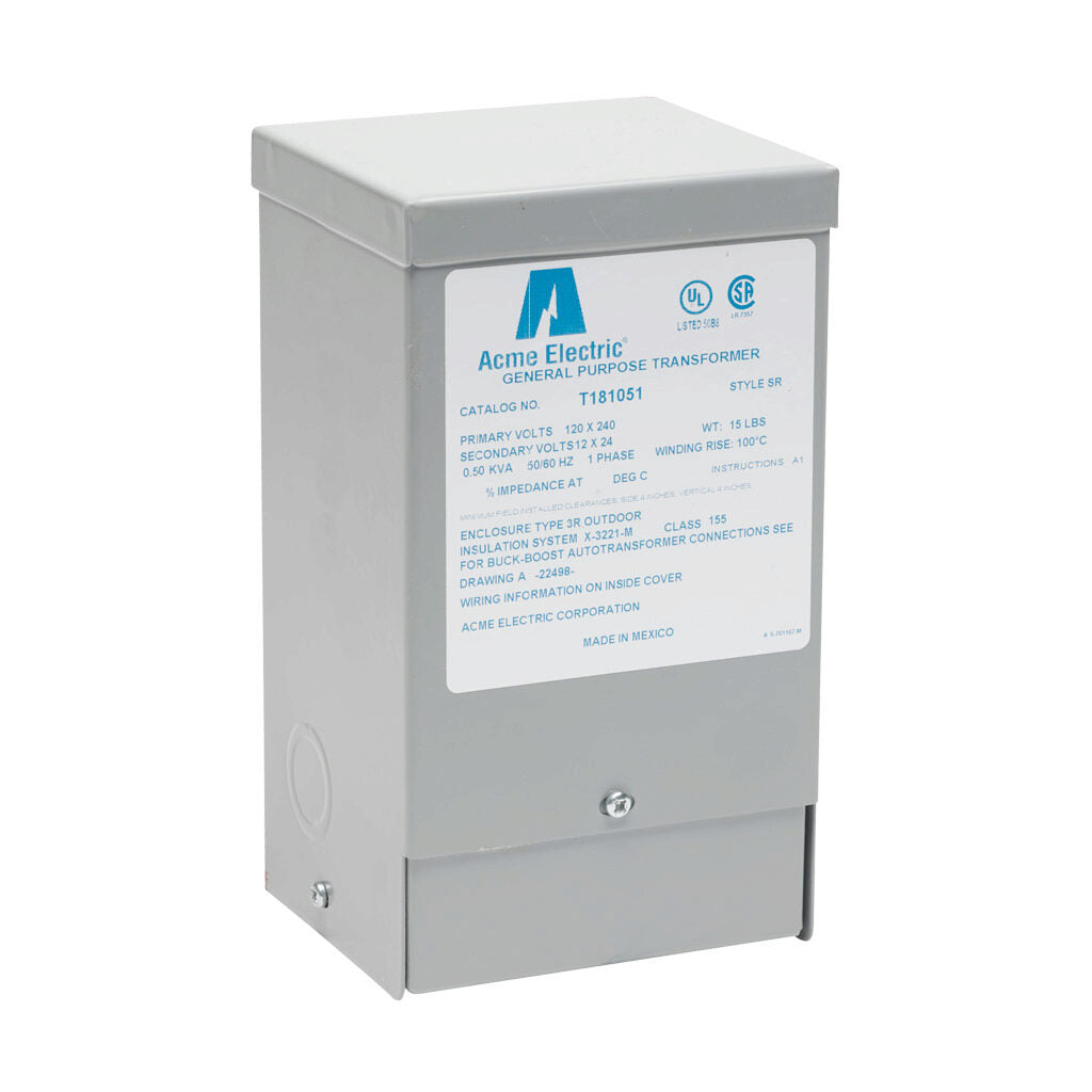 ACME buck-boost transformer, encapsulated core, 500 VA, 1-phase, 120/240 VAC, 12/24 VAC secondary, 50/60 Hz, NEMA 3R, wall mount.-T181051
