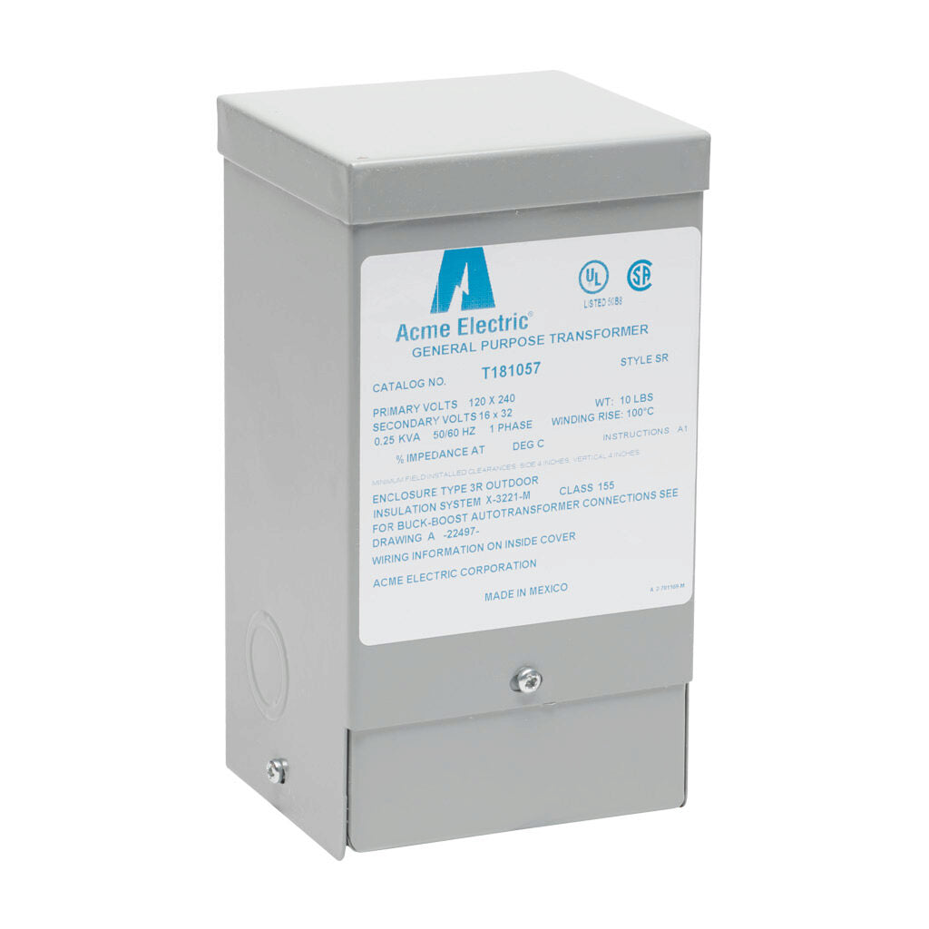 ACME buck-boost transformer, encapsulated core, 250 VA, 1-phase, 120/240 VAC, 16/32 VAC secondary, 50/60 Hz, NEMA 3R, wall mount.-T181057