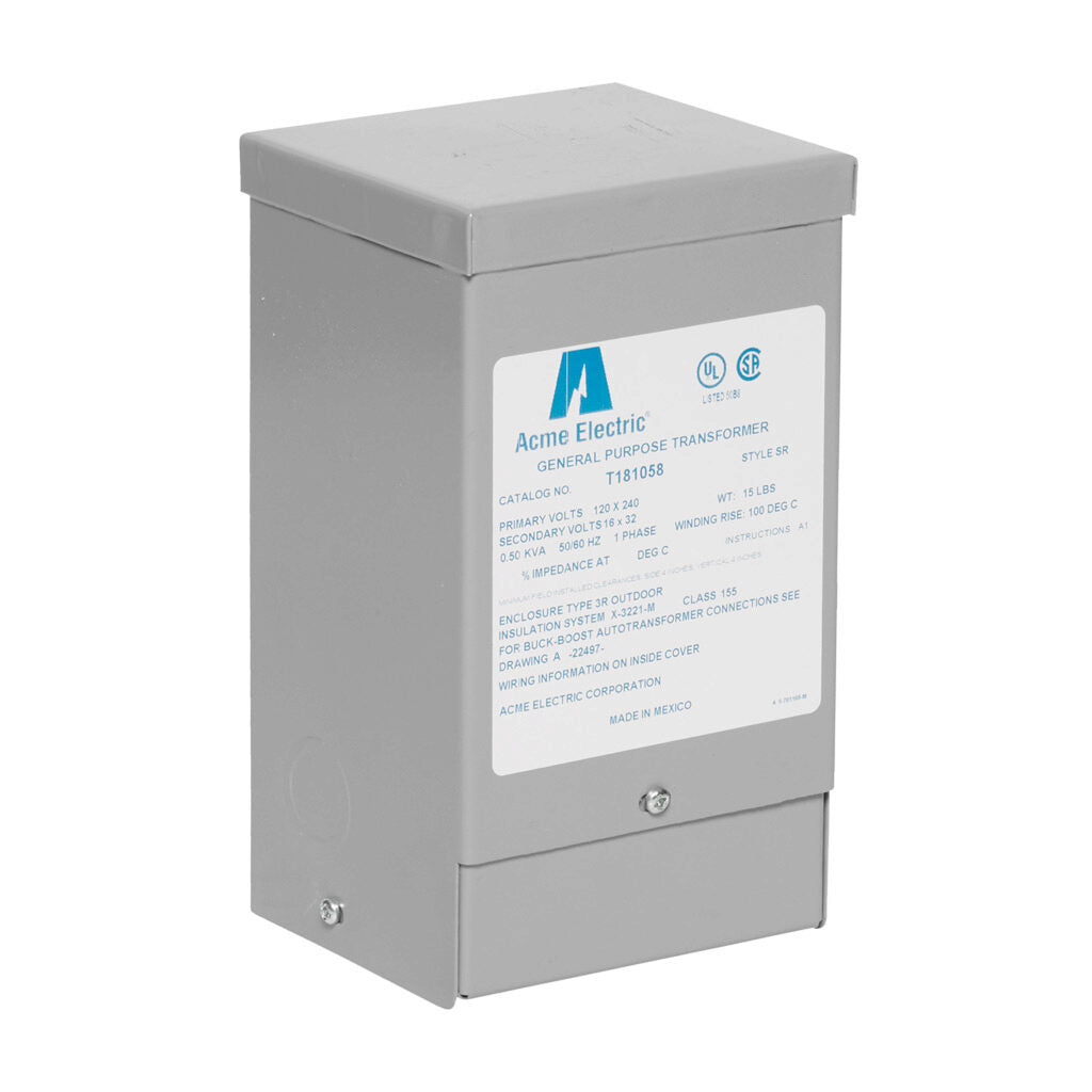 ACME buck-boost transformer, encapsulated core, 500 VA, 1-phase, 120/240 VAC, 16/32 VAC secondary, 50/60 Hz, NEMA 3R, wall mount.-T181058