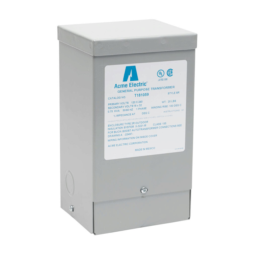 ACME buck-boost transformer, encapsulated core, 750 VA, 1-phase, 120/240 VAC, 16/32 VAC secondary, 50/60 Hz, NEMA 3R, wall mount.-T181059
