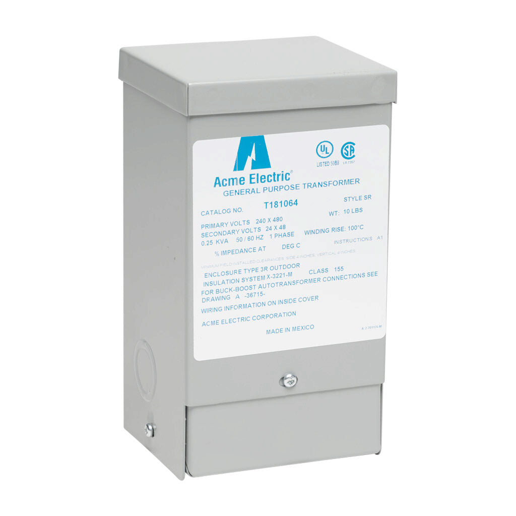 ACME buck-boost transformer, encapsulated core, 250 VA, 1-phase, 240/480 VAC, 24/48 VAC secondary, 50/60 Hz, NEMA 3R, wall mount.-T181064