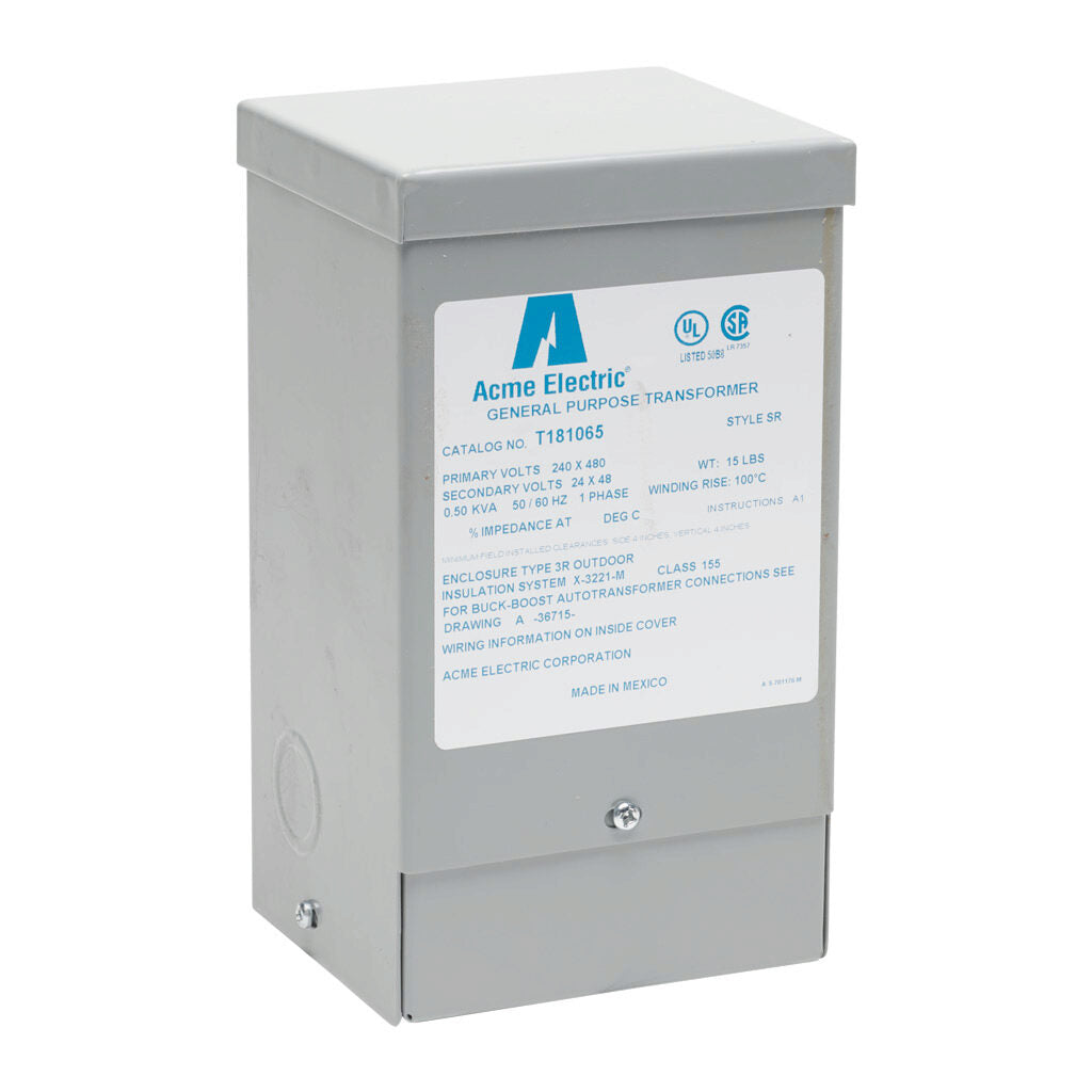 ACME buck-boost transformer, encapsulated core, 500 VA, 1-phase, 240/480 VAC, 24/48 VAC secondary, 50/60 Hz, NEMA 3R, wall mount.-T181065