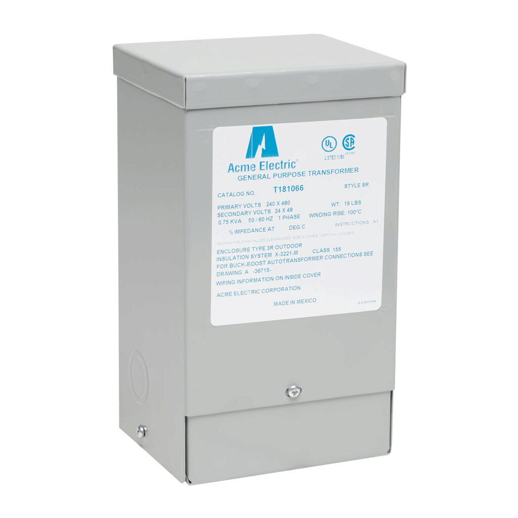 ACME buck-boost transformer, encapsulated core, 750 VA, 1-phase, 240/480 VAC, 24/48 VAC secondary, 50/60 Hz, NEMA 3R, wall mount.-T181066