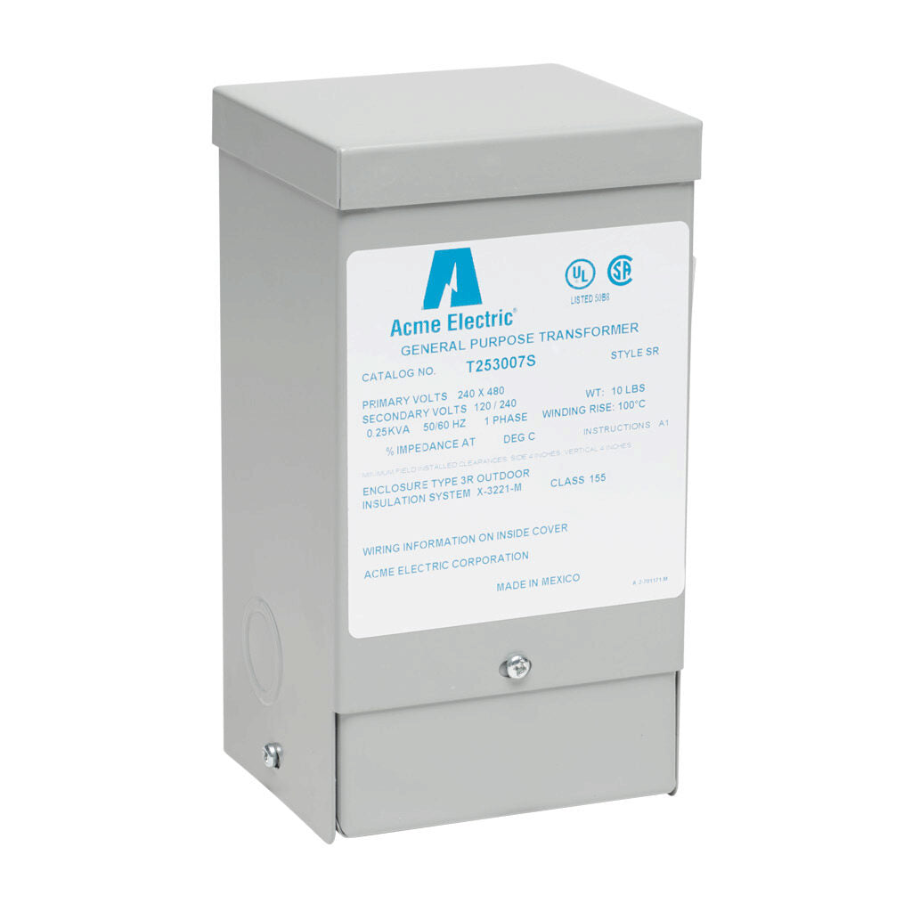 ACME general purpose transformer, encapsulated core, 250 VA, 1-phase, 240/480 VAC, 120/240 VAC secondary, 50/60 Hz, electrostatic shield, NEMA 3R, wall mount.-T253007S