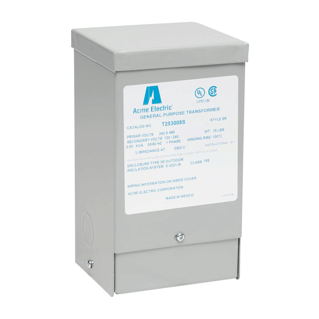 ACME general purpose transformer, encapsulated core, 500 VA, 1-phase, 240/480 VAC, 120/240 VAC secondary, 50/60 Hz, electrostatic shield, NEMA 3R, wall mount.-T253008S