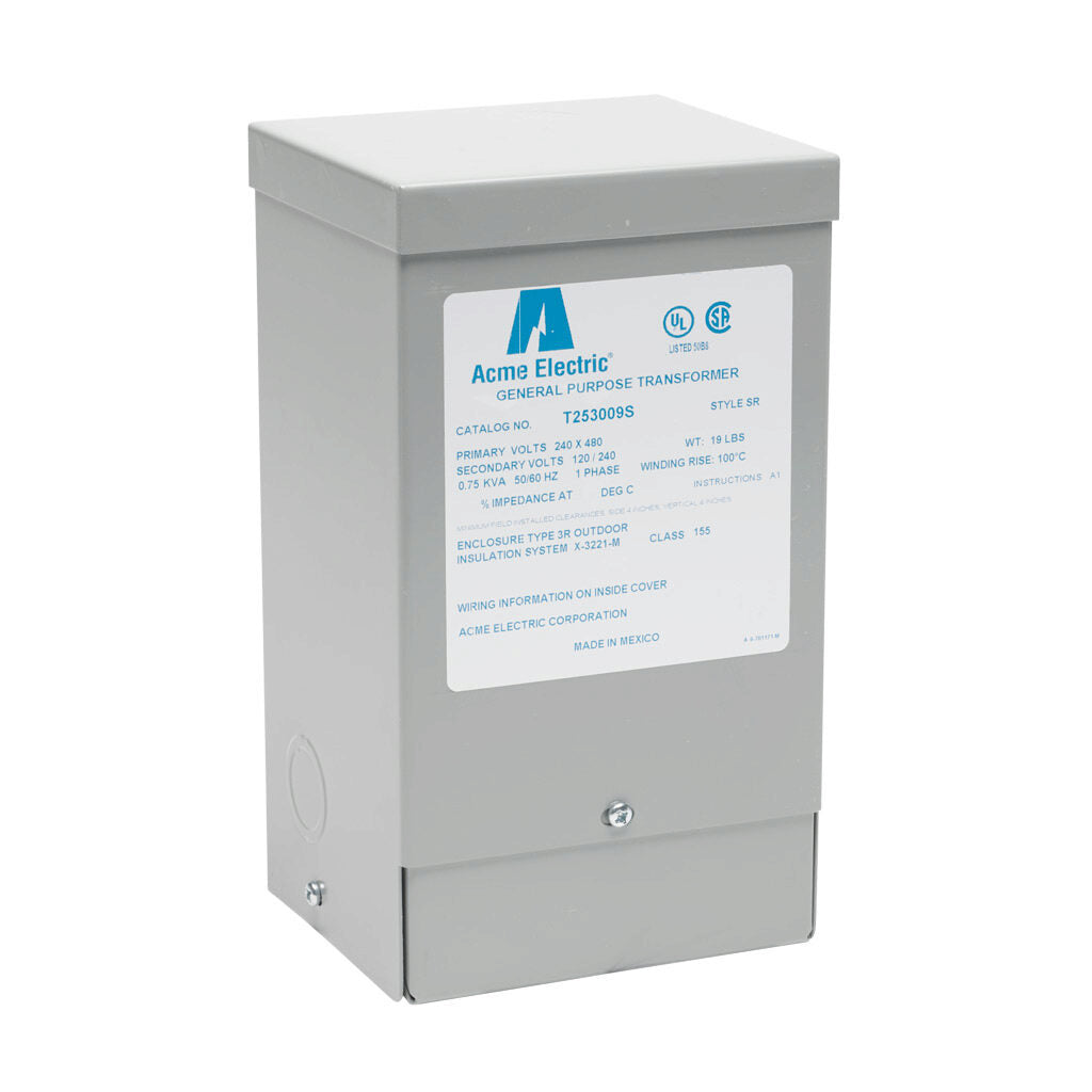 ACME general purpose transformer, encapsulated core, 750 VA, 1-phase, 240/480 VAC, 120/240 VAC secondary, 50/60 Hz, electrostatic shield, NEMA 3R, wall mount.-T253009S