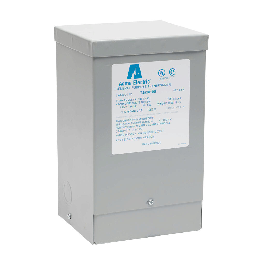 ACME general purpose transformer, encapsulated core, 1 kVA, 1-phase, 240/480 VAC, 120/240 VAC secondary, 60 Hz, electrostatic shield, NEMA 3R, wall mount.-T253010S