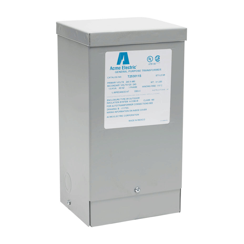ACME general purpose transformer, encapsulated core, 1.5 kVA, 1-phase, 240/480 VAC, 120/240 VAC secondary, 60 Hz, electrostatic shield, NEMA 3R, wall mount.-T253011S