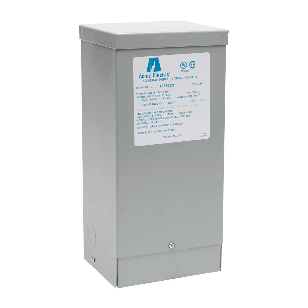 ACME general purpose transformer, encapsulated core, 2 kVA, 1-phase, 240/480 VAC, 120/240 VAC secondary, 60 Hz, electrostatic shield, NEMA 3R, wall mount.-T253012S