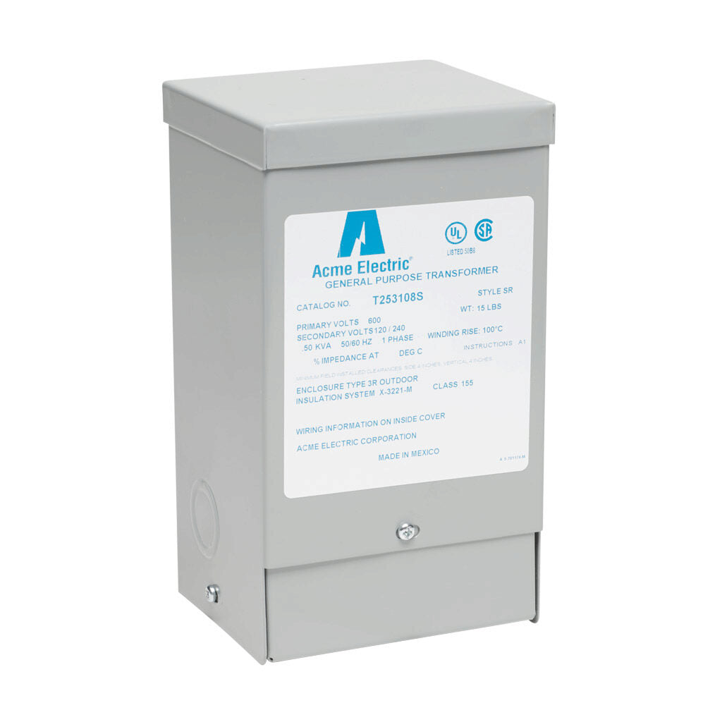 ACME general purpose transformer, encapsulated core, 500 VA, 1-phase, 600 VAC, 120/240 VAC secondary, 50/60 Hz, electrostatic shield, NEMA 3R, wall mount.-T253108S