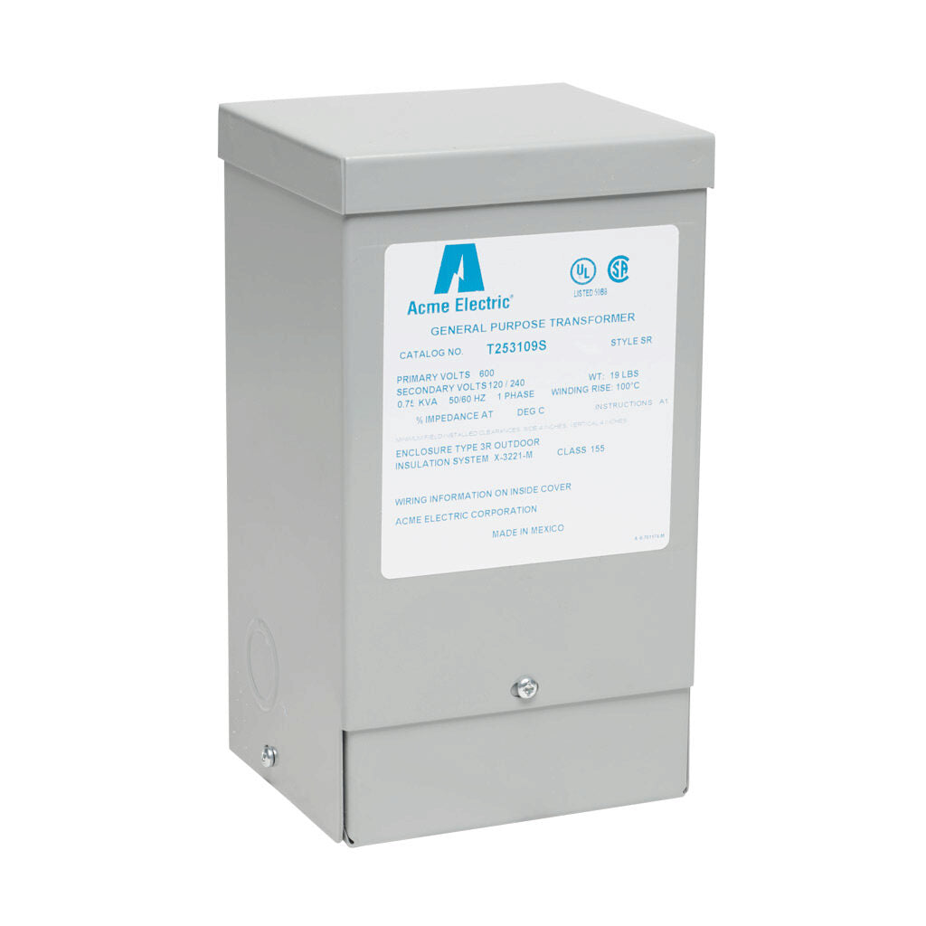 ACME general purpose transformer, encapsulated core, 750 VA, 1-phase, 600 VAC, 120/240 VAC secondary, 50/60 Hz, electrostatic shield, NEMA 3R, wall mount.-T253109S