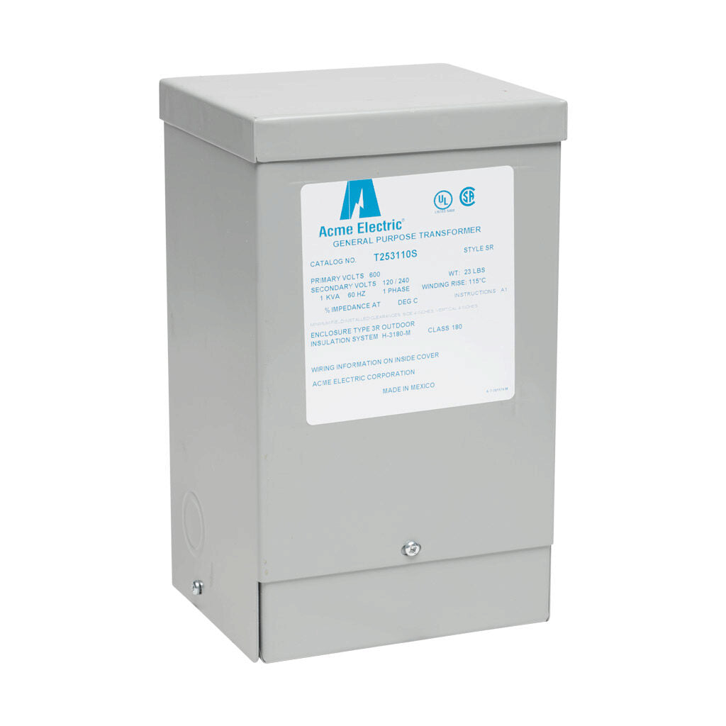 ACME general purpose transformer, encapsulated core, 1 kVA, 1-phase, 600 VAC, 120/240 VAC secondary, 60 Hz, electrostatic shield, NEMA 3R, wall mount.-T253110S