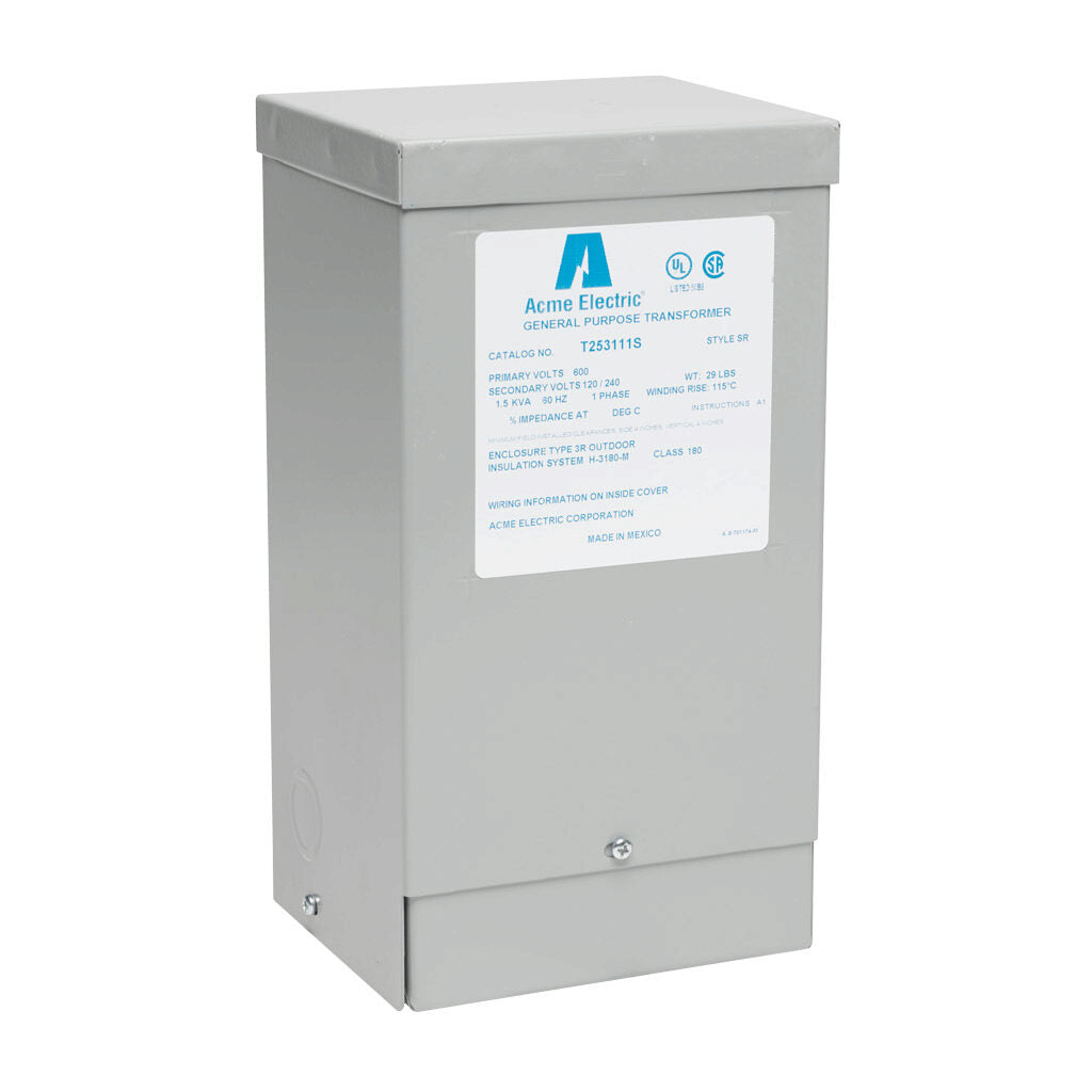 ACME general purpose transformer, encapsulated core, 1.5 kVA, 1-phase, 600 VAC, 120/240 VAC secondary, 60 Hz, electrostatic shield, NEMA 3R, wall mount.-T253111S