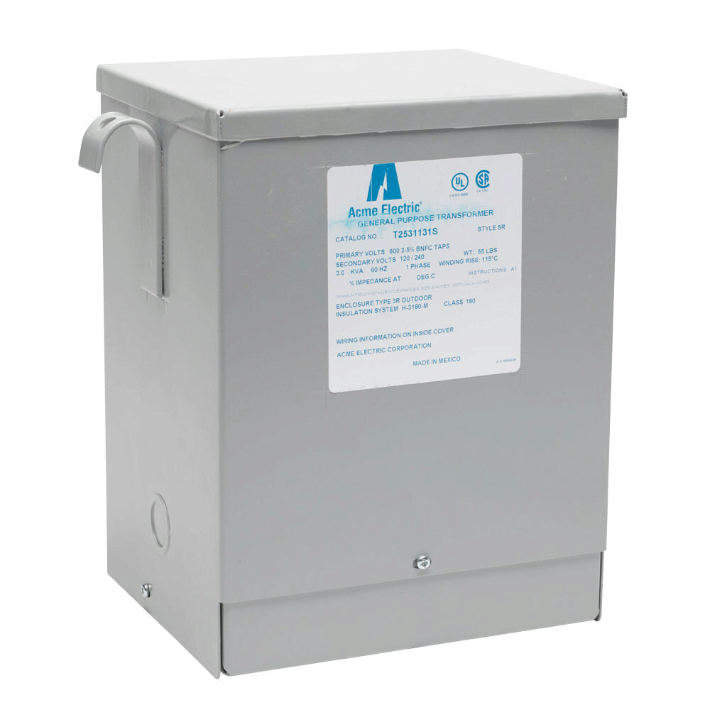 ACME general purpose transformer, encapsulated core, 3 kVA, 1-phase, 600 VAC, 120/240 VAC secondary, 60 Hz, electrostatic shield, NEMA 3R, wall mount.-T2531131S