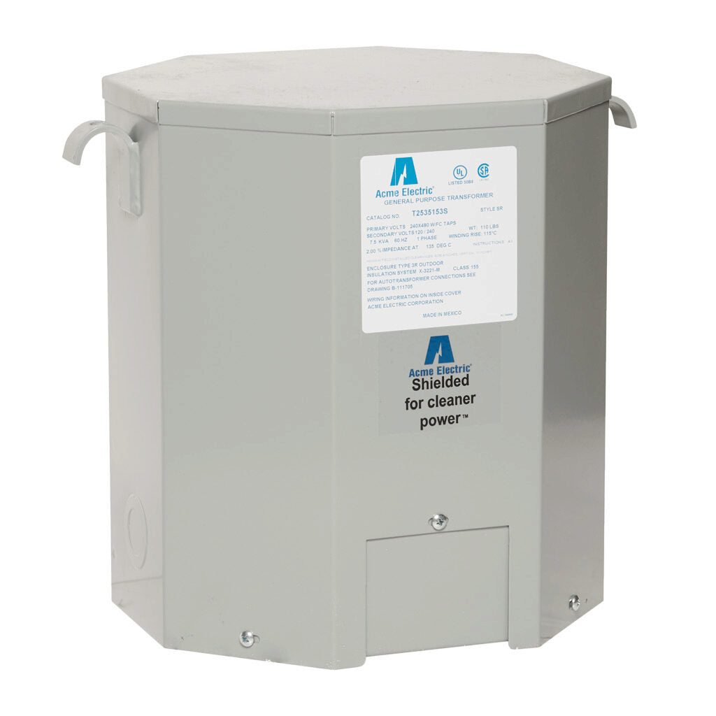 ACME general purpose transformer, encapsulated core, 7.5 kVA, 1-phase, 240/480 VAC, 120/240 VAC secondary, 60 Hz, electrostatic shield, NEMA 3R, wall mount.-T2535153S