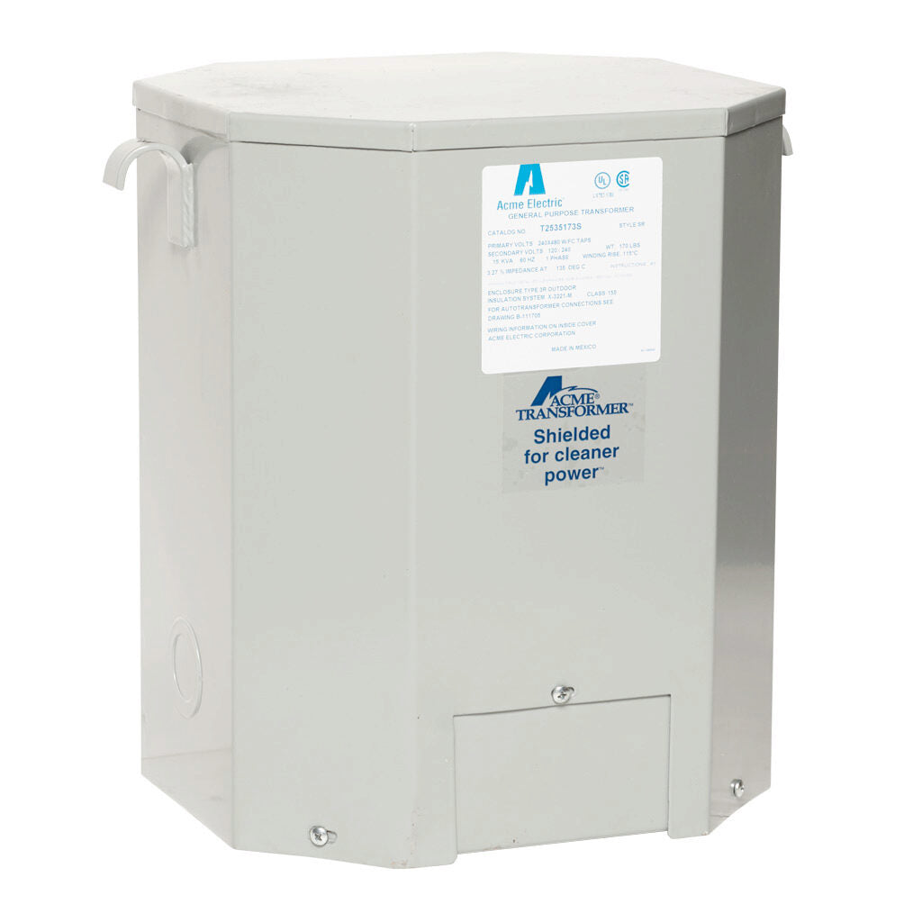 ACME general purpose transformer, encapsulated core, 15 kVA, 1-phase, 240/480 VAC, 120/240 VAC secondary, 60 Hz, electrostatic shield, NEMA 3R, wall mount.-T2535173S
