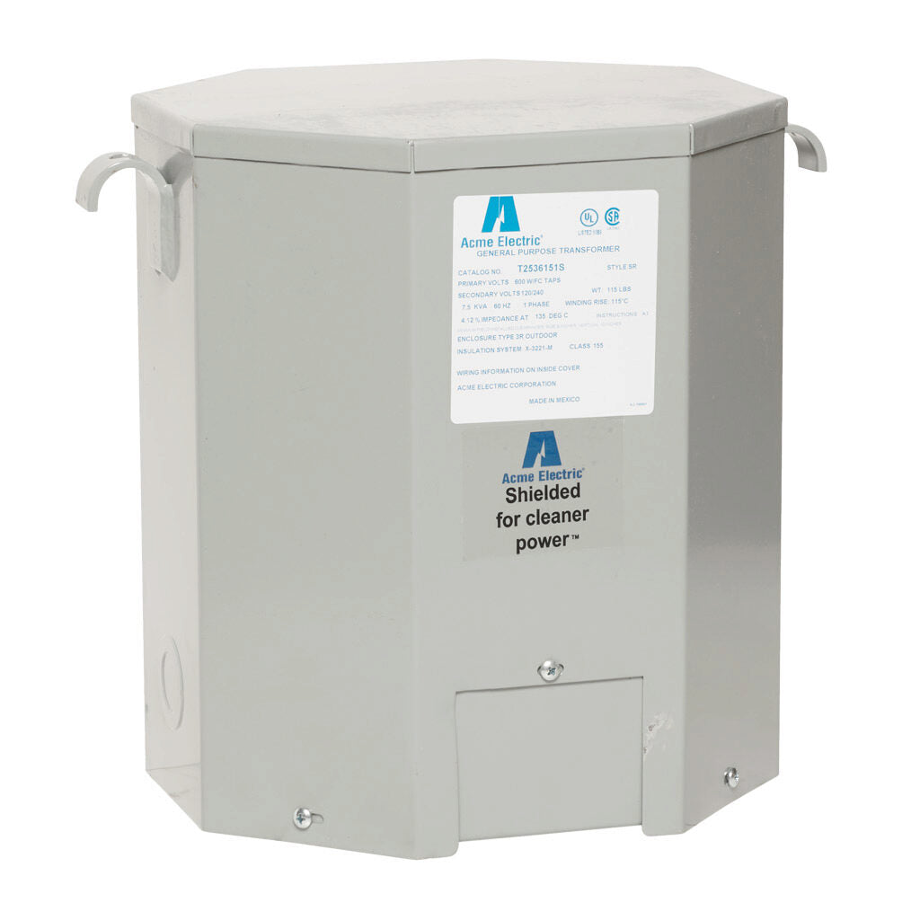 ACME general purpose transformer, encapsulated core, 7.5 kVA, 1-phase, 600 VAC, 120/240 VAC secondary, 60 Hz, electrostatic shield, NEMA 3R, wall mount.-T2536151S