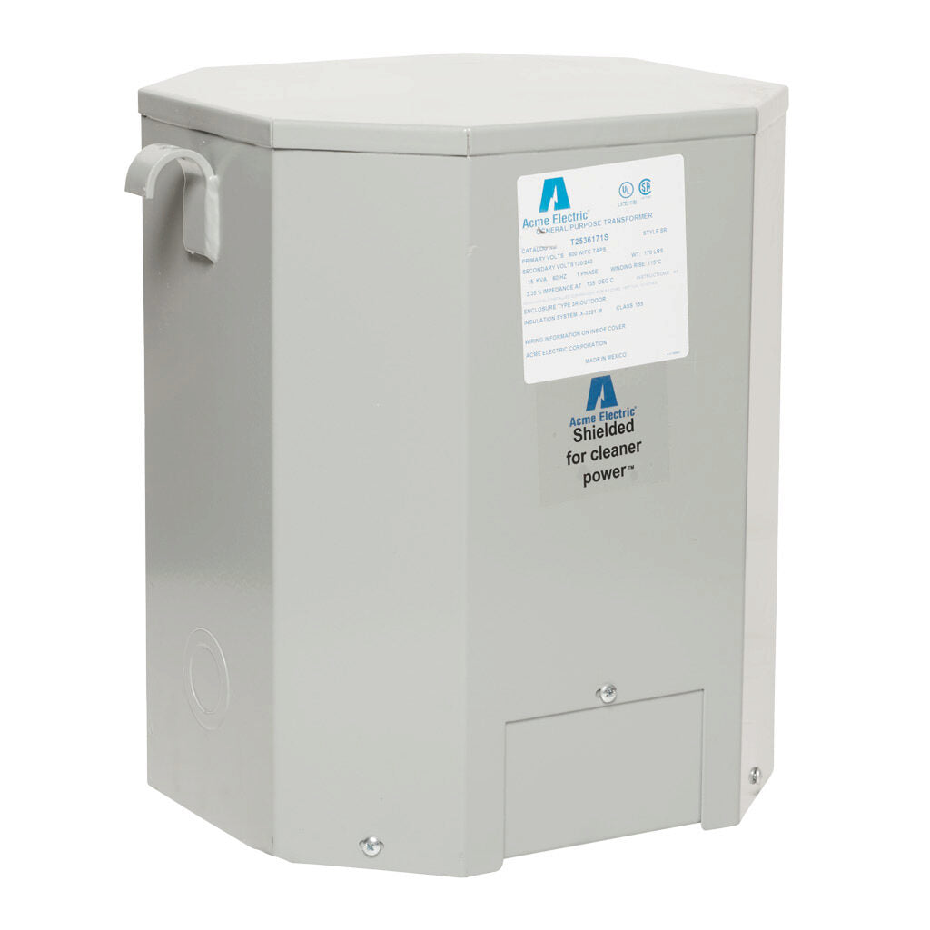 ACME general purpose transformer, encapsulated core, 15 kVA, 1-phase, 600 VAC, 120/240 VAC secondary, 60 Hz, electrostatic shield, NEMA 3R, wall mount.-T2536171S