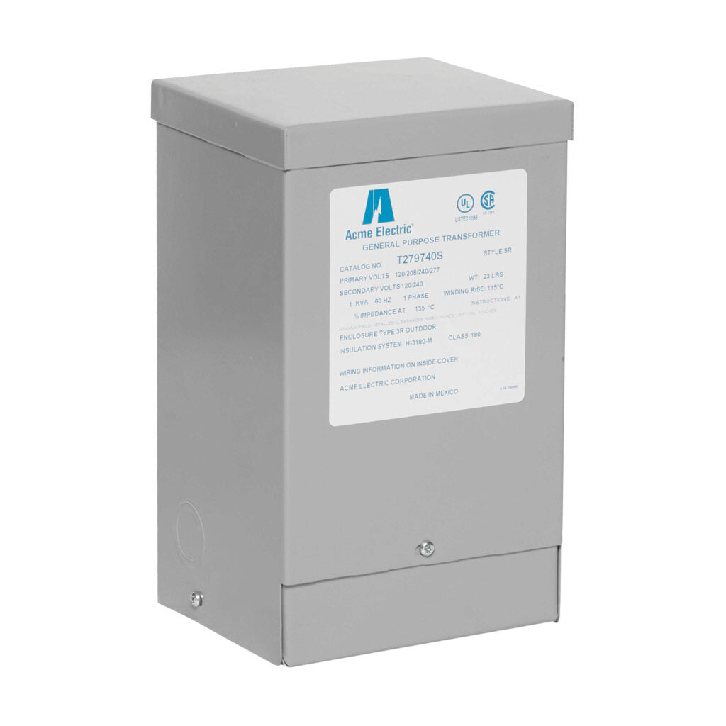ACME general purpose transformer, encapsulated core, 1 kVA, 1-phase, 120-277 VAC selectable, 120/240 VAC secondary, 60 Hz, electrostatic shield, NEMA 3R, wall mount.-T279740S