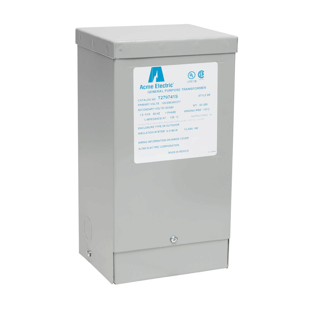 ACME general purpose transformer, encapsulated core, 1.5 kVA, 1-phase, 120-277 VAC selectable, 120/240 VAC secondary, 60 Hz, electrostatic shield, NEMA 3R, wall mount.-T279741S