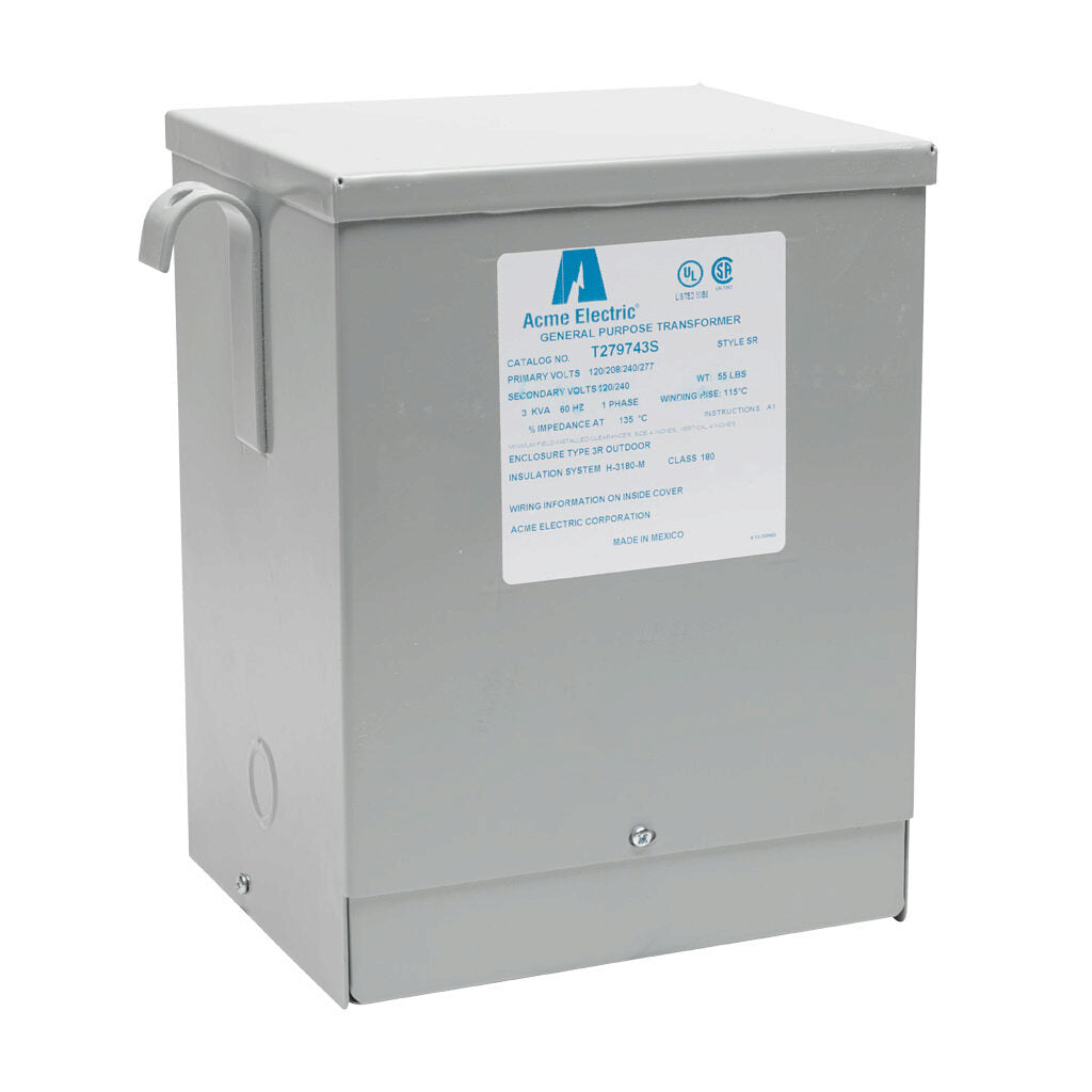 ACME general purpose transformer, encapsulated core, 3 kVA, 1-phase, 120-277 VAC selectable, 120/240 VAC secondary, 60 Hz, electrostatic shield, NEMA 3R, wall mount.-T279743S