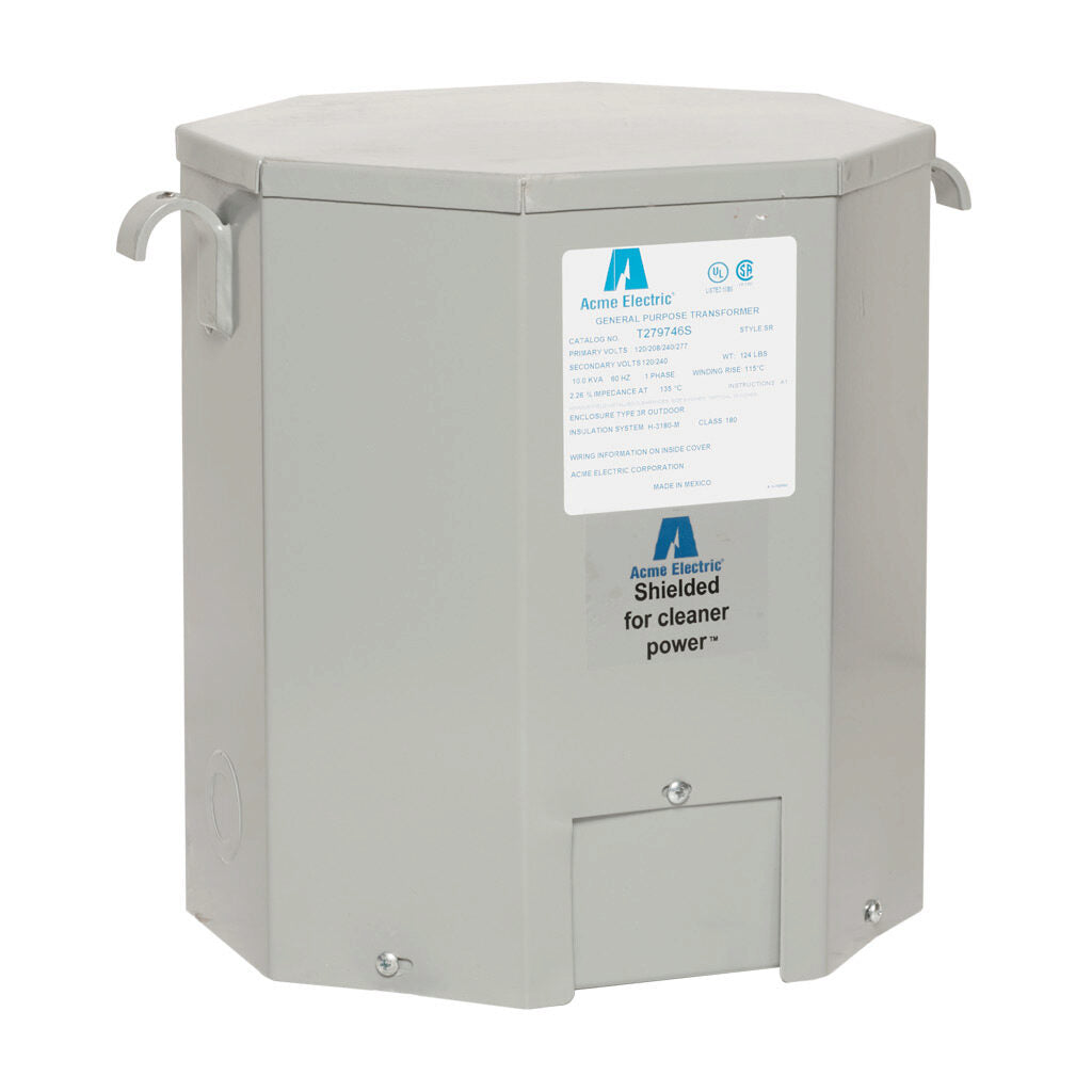 ACME general purpose transformer, encapsulated core, 10 kVA, 1-phase, 120-277 VAC selectable, 120/240 VAC secondary, 60 Hz, electrostatic shield, NEMA 3R, wall mount.-T279746S