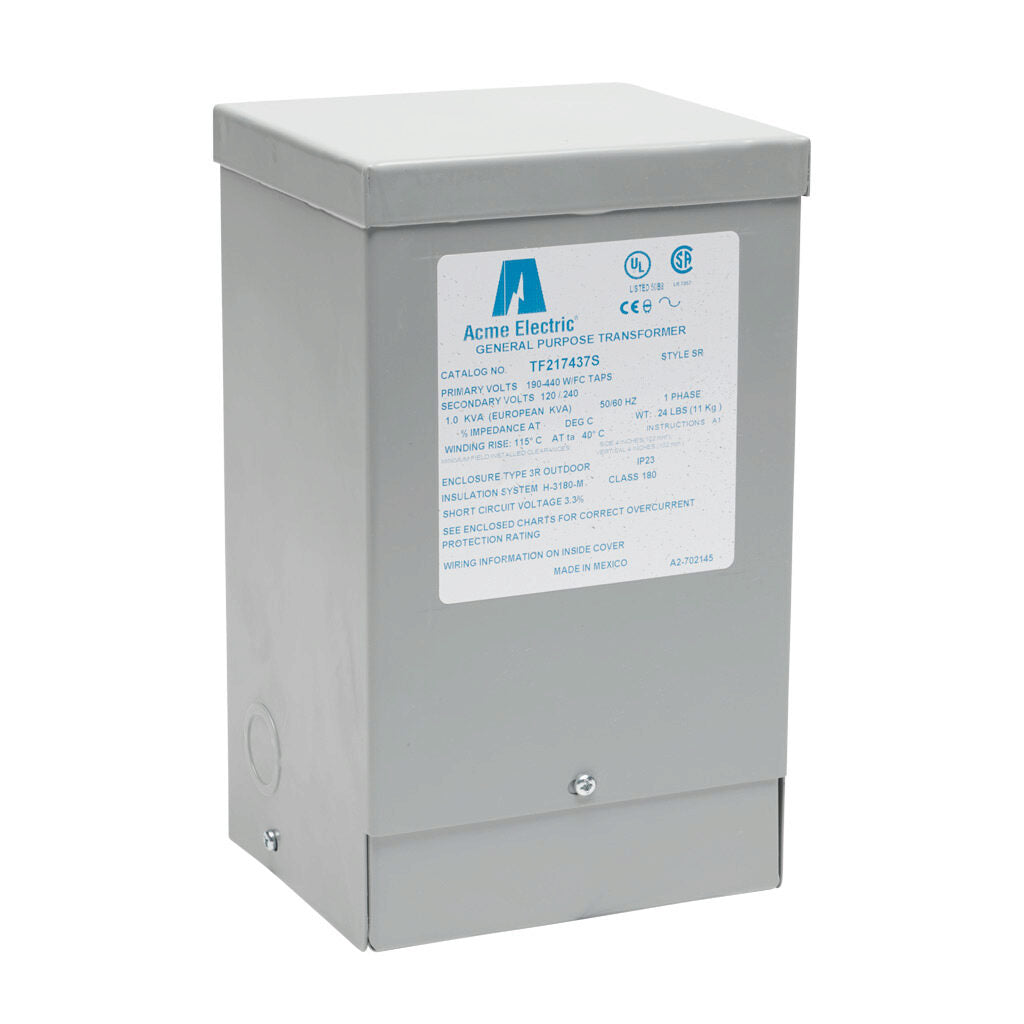 ACME general purpose transformer, encapsulated core, 1 kVA, 1-phase, 190-440 VAC selectable, 120/240 VAC secondary, 50/60 Hz, electrostatic shield, NEMA 3R, wall mount.-TF217437S