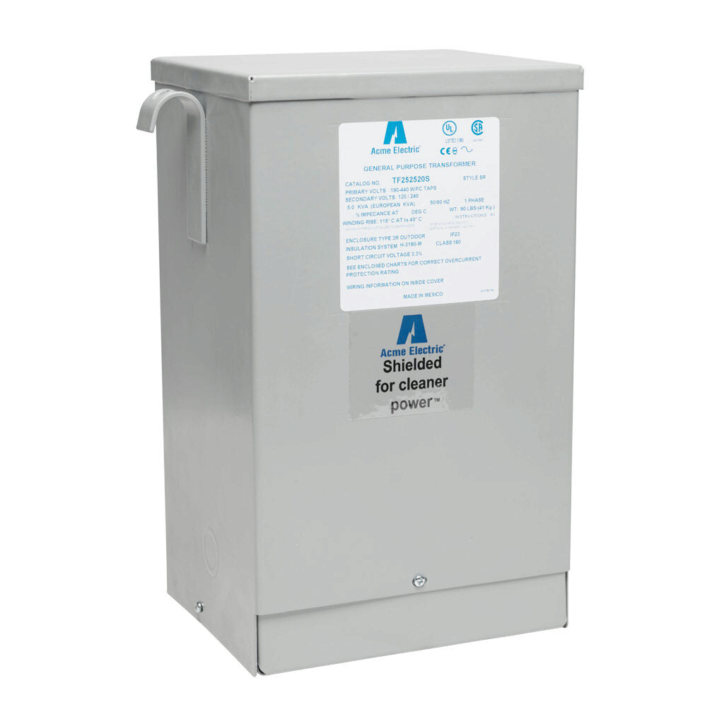 ACME general purpose transformer, encapsulated core, 5 kVA, 1-phase, 190-440 VAC selectable, 120/240 VAC secondary, 50/60 Hz, electrostatic shield, NEMA 3R, wall mount.-TF252520S