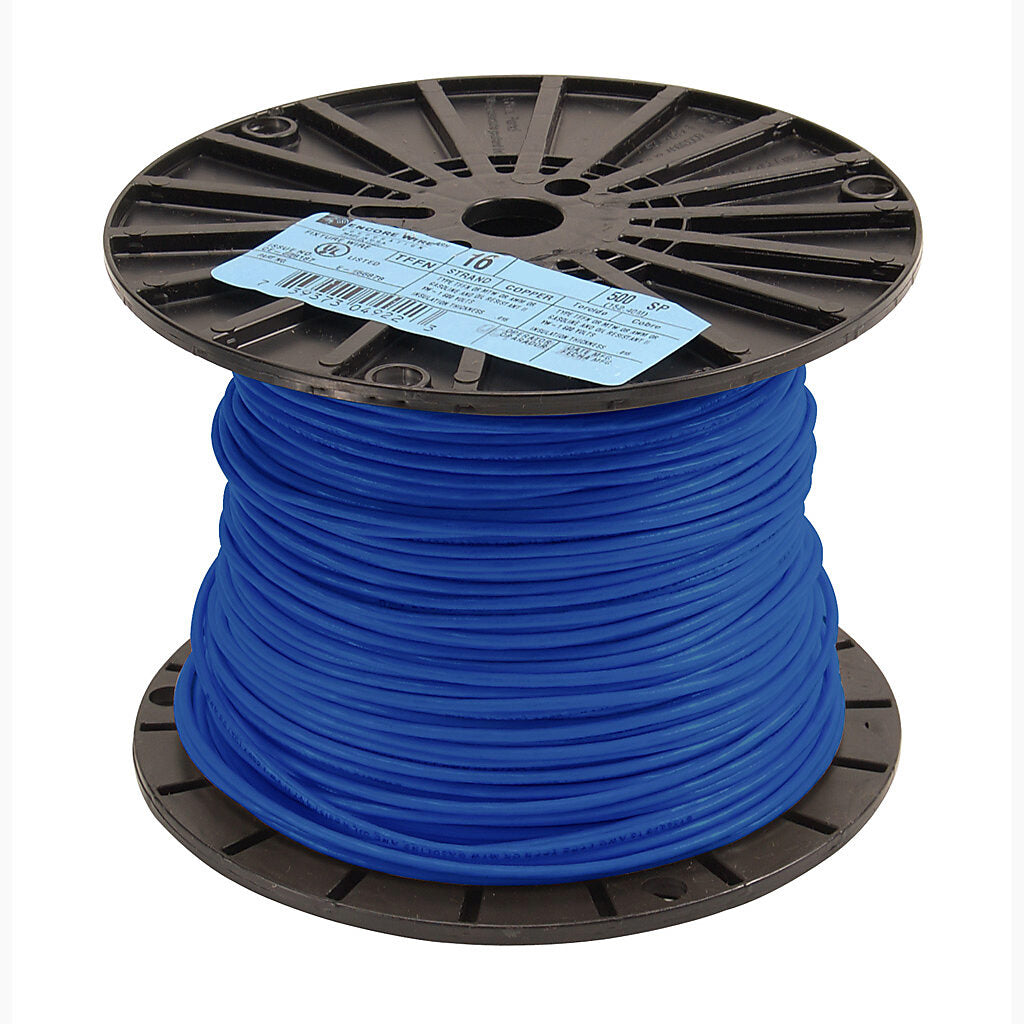 Atlas Wire TFFN building wire, single conductor, 16 AWG, 26-stranded, bare copper, PVC conductor insulation material, blue, nylon jacket, clear, 600V, 500ft spool.-TFFN16BL