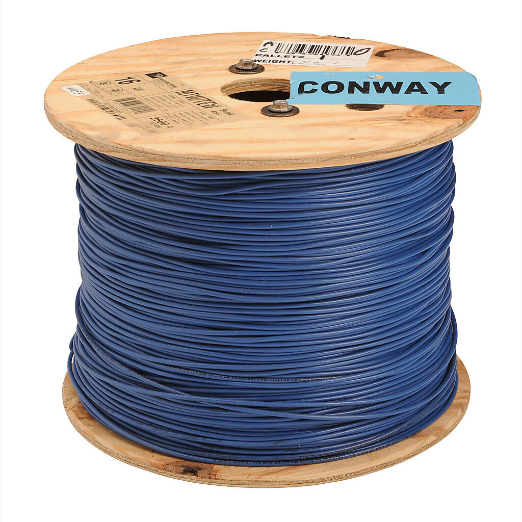Atlas Wire TFFN building wire, single conductor, 16 AWG, 26-stranded, bare copper, PVC conductor insulation material, blue, nylon jacket, clear, 600V, 2500ft reel.-TFFN16BL25