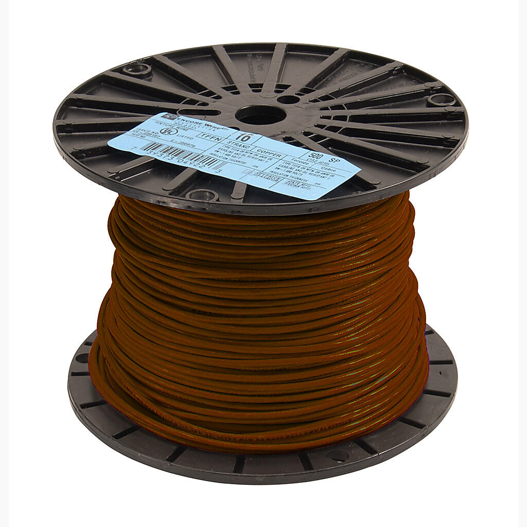Atlas Wire TFFN building wire, single conductor, 16 AWG, 26-stranded, bare copper, PVC conductor insulation material, brown, nylon jacket, clear, 600V, 500ft spool.-TFFN16BN