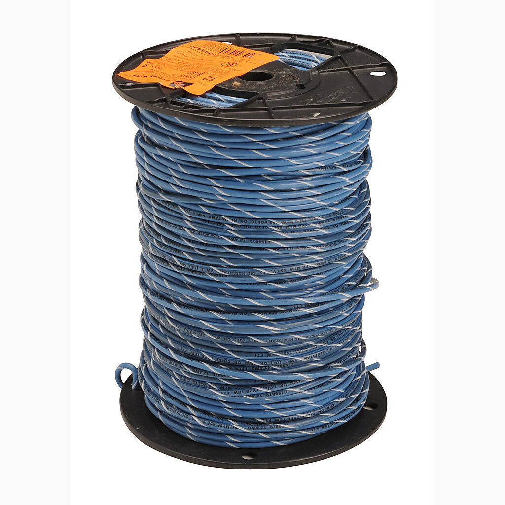 Atlas Wire TFFN building wire, single conductor, 16 AWG, 26-stranded, bare copper, PVC conductor insulation material, blue with white stripe, nylon jacket, clear, 600V, 500ft spool.-TFFN16BW
