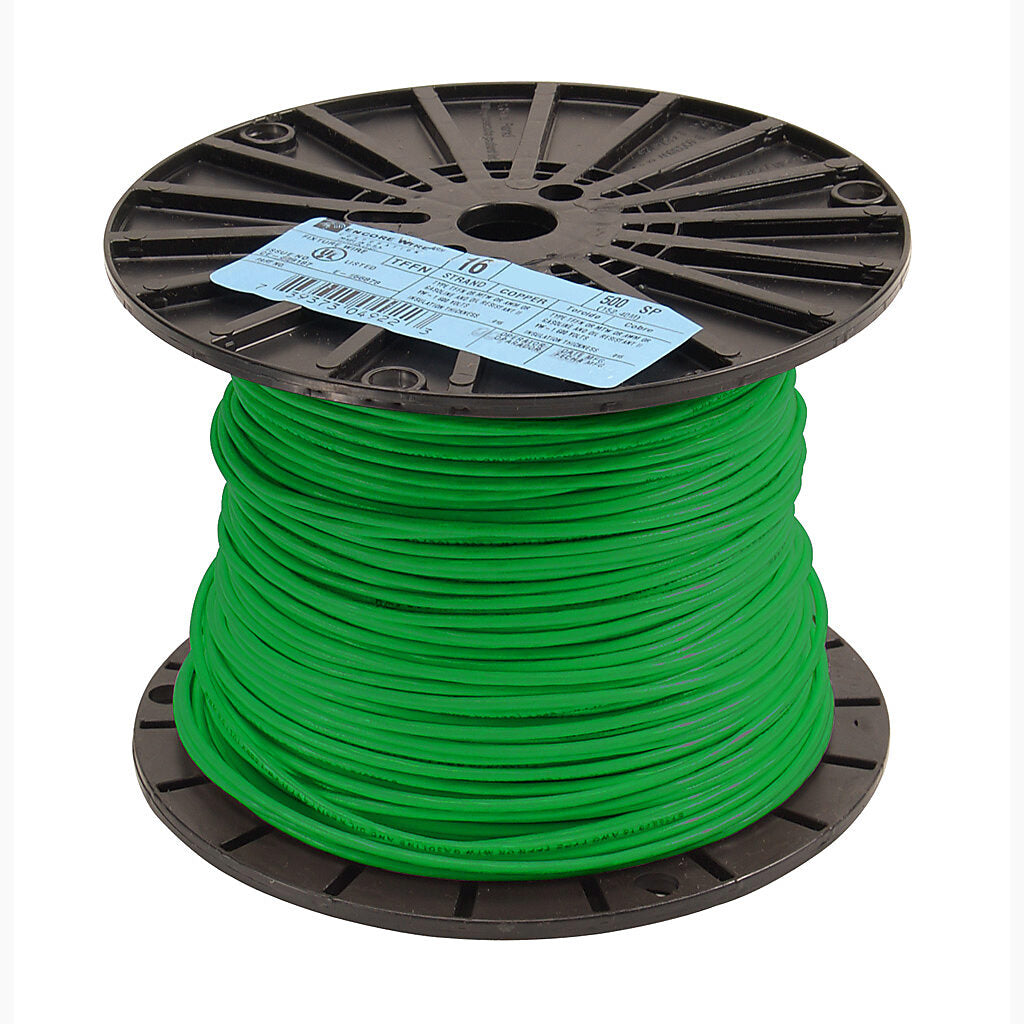 Atlas Wire TFFN building wire, single conductor, 16 AWG, 26-stranded, bare copper, PVC conductor insulation material, green, nylon jacket, clear, 600V, 500ft spool.-TFFN16GN