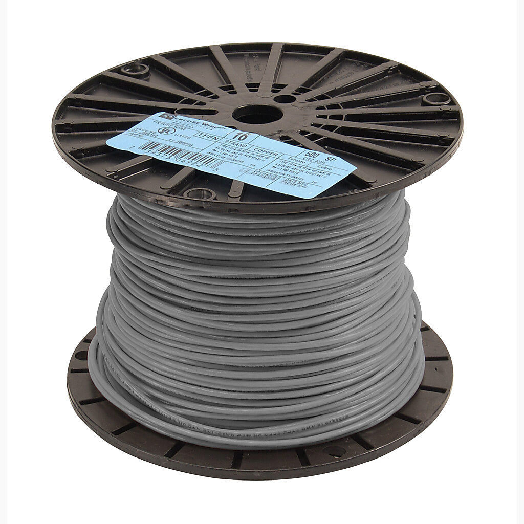 Atlas Wire TFFN building wire, single conductor, 16 AWG, 26-stranded, bare copper, PVC conductor insulation material, gray, nylon jacket, clear, 600V, 500ft spool.-TFFN16GY
