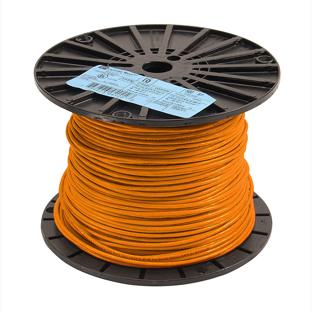Atlas Wire TFFN building wire, single conductor, 16 AWG, 26-stranded, bare copper, PVC conductor insulation material, orange, nylon jacket, clear, 600V, 500ft spool.-TFFN16OR