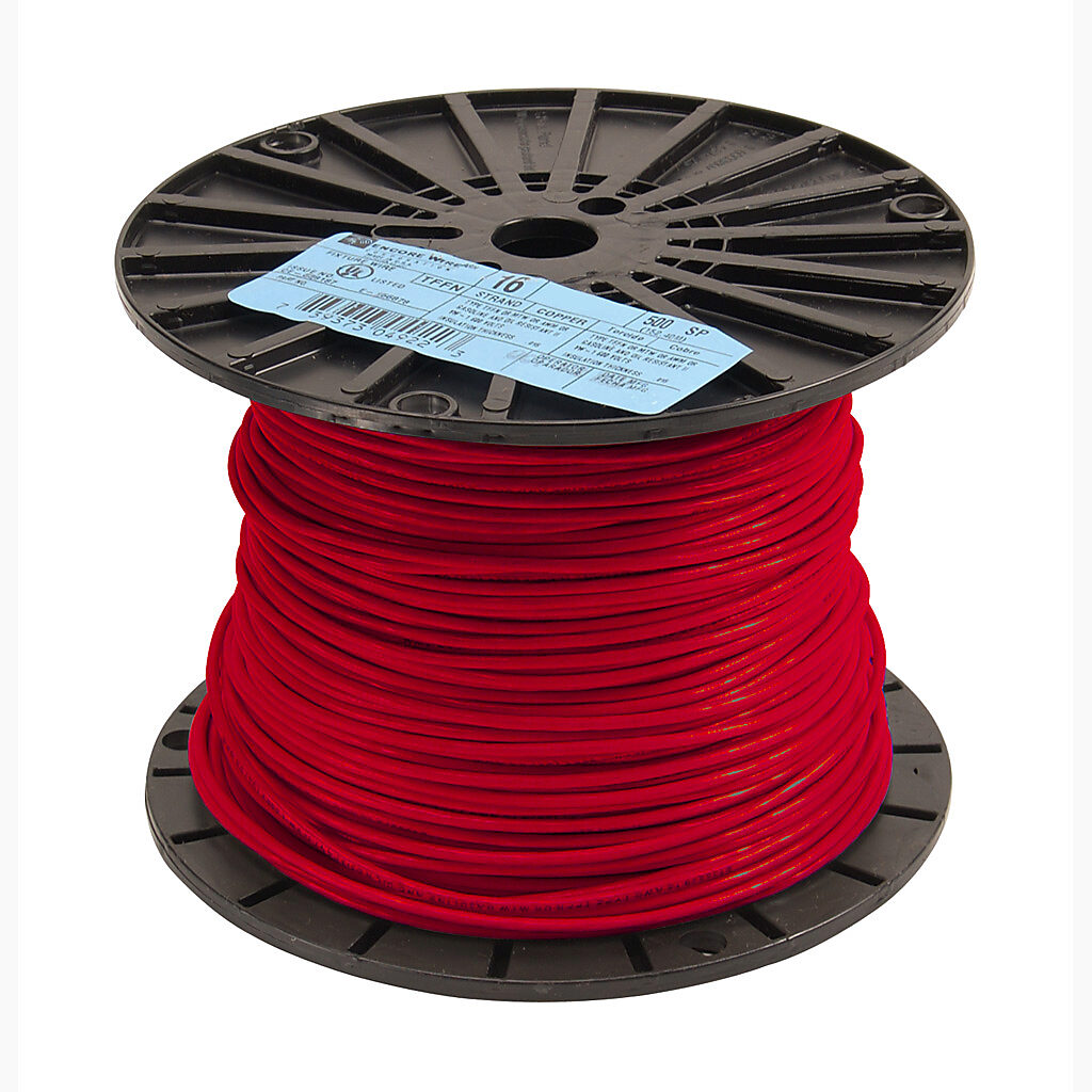 Atlas Wire TFFN building wire, single conductor, 16 AWG, 26-stranded, bare copper, PVC conductor insulation material, red, nylon jacket, clear, 600V, 500ft spool.-TFFN16RD