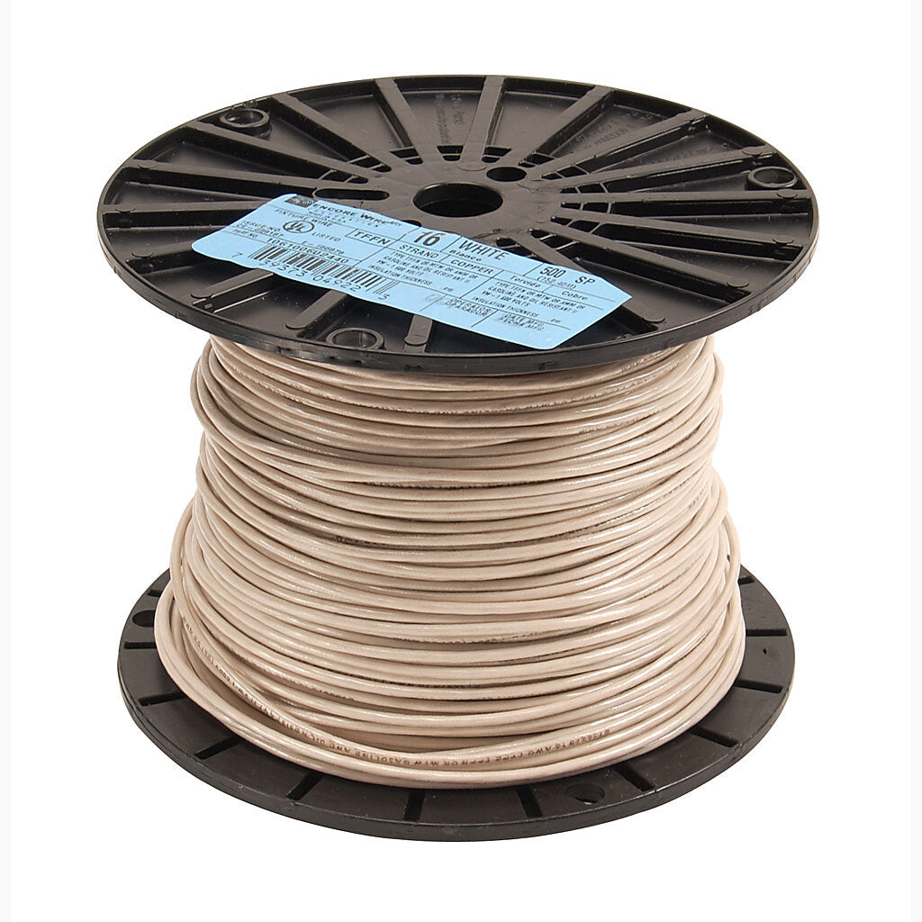 Atlas Wire TFFN building wire, single conductor, 16 AWG, 26-stranded, bare copper, PVC conductor insulation material, white, nylon jacket, clear, 600V, 500ft spool.-TFFN16WH