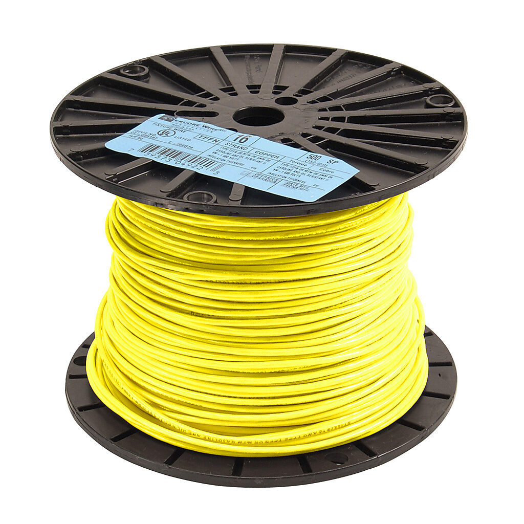 Atlas Wire TFFN building wire, single conductor, 16 AWG, 26-stranded, bare copper, PVC conductor insulation material, yellow, nylon jacket, clear, 600V, 500ft spool.-TFFN16YL