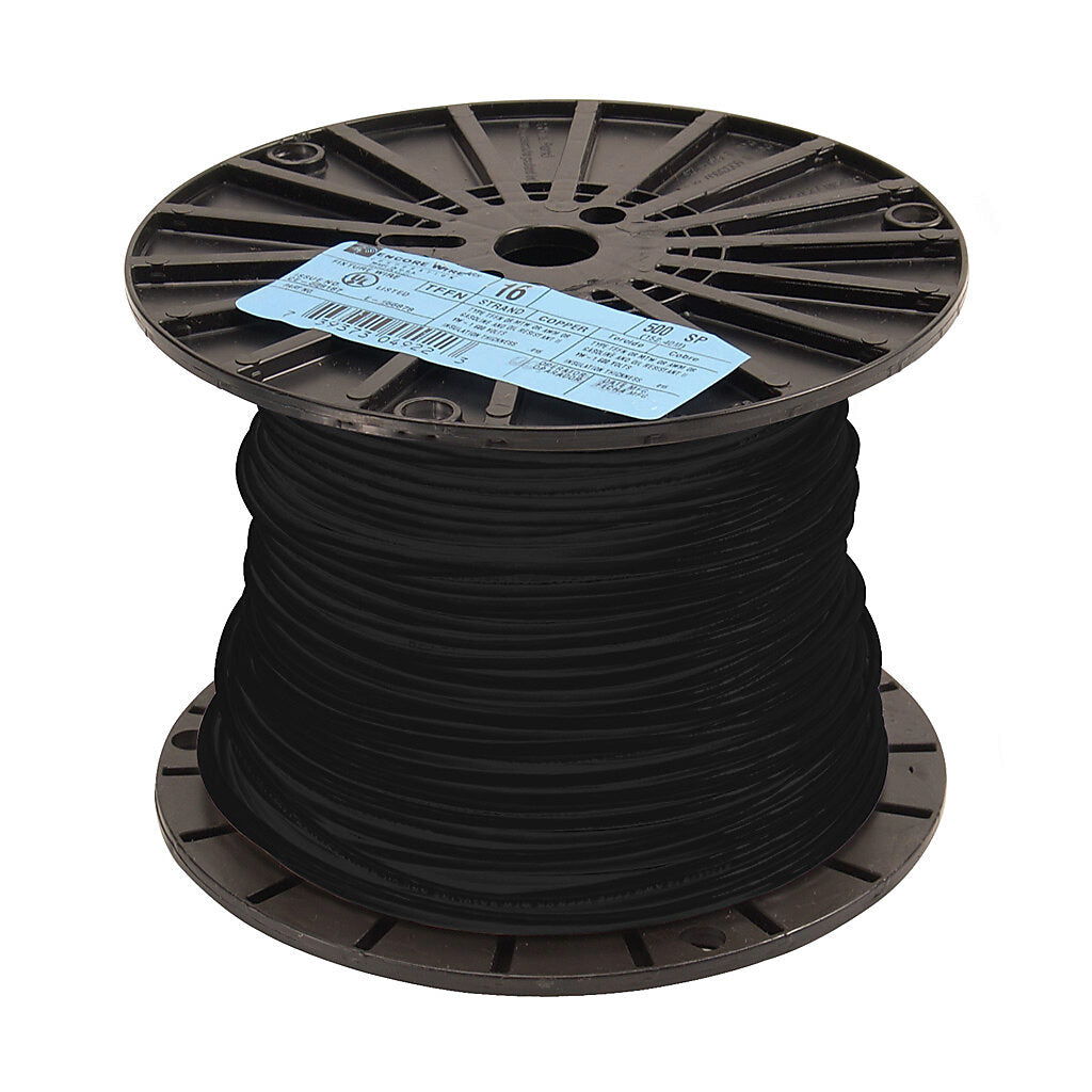 Atlas Wire TFFN building wire, single conductor, 18 AWG, 16-stranded, bare copper, PVC conductor insulation material, black, nylon jacket, clear, 600V, 500ft spool.-TFFN18BK