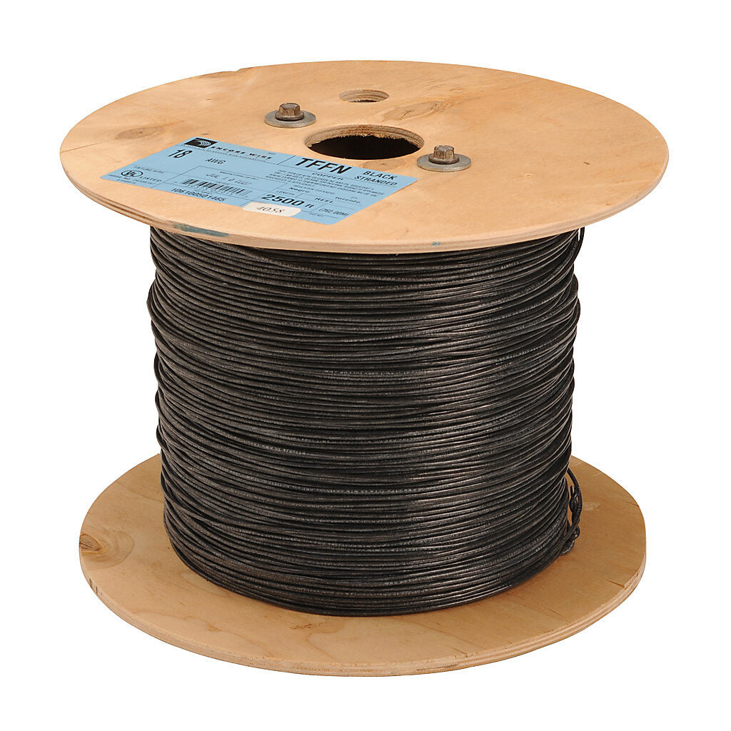 Atlas Wire TFFN building wire, single conductor, 18 AWG, 16-stranded, bare copper, PVC conductor insulation material, black, nylon jacket, clear, 600V, 2500ft reel.-TFFN18BK25