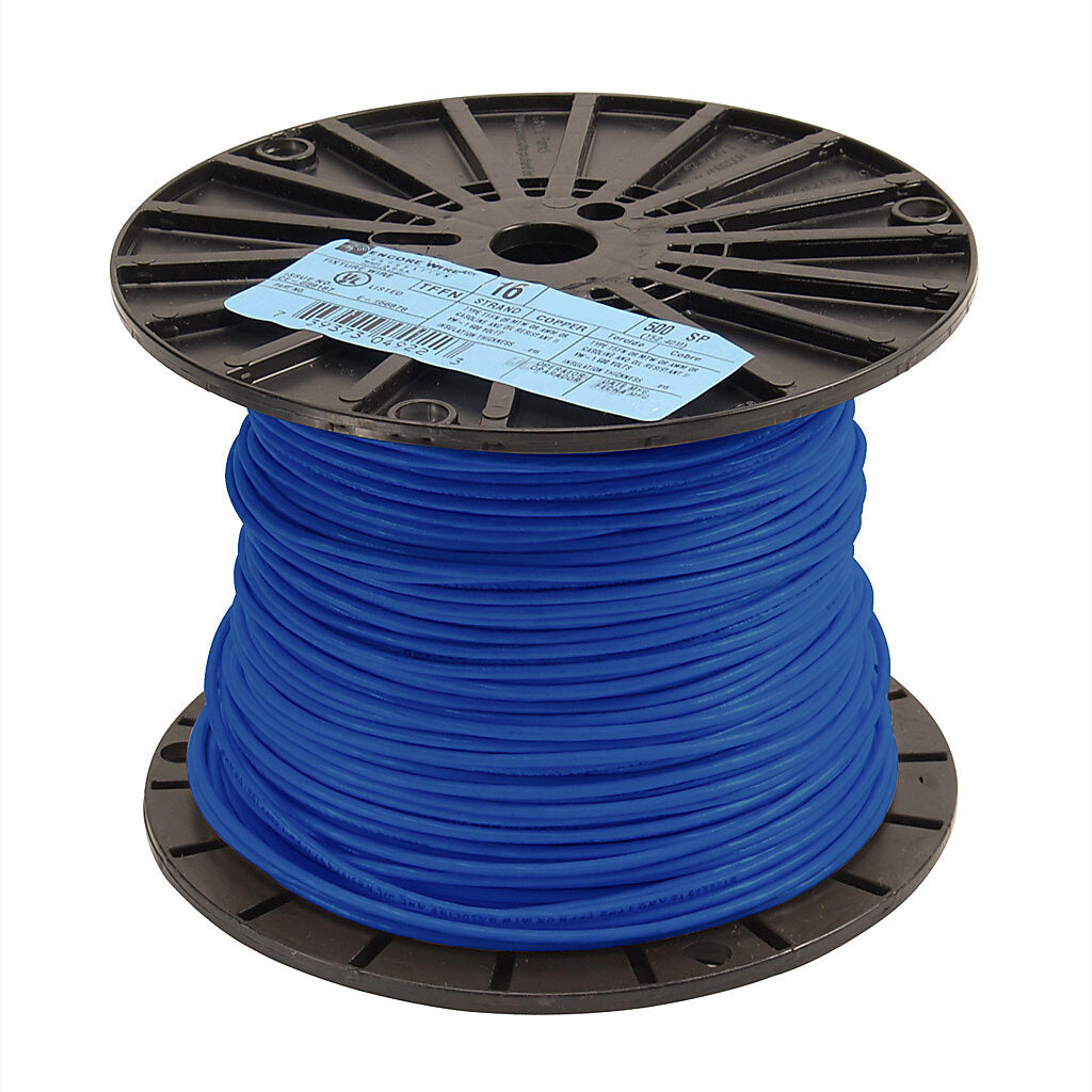 Atlas Wire TFFN building wire, single conductor, 18 AWG, 16-stranded, bare copper, PVC conductor insulation material, blue, nylon jacket, clear, 600V, 500ft spool.-TFFN18BL